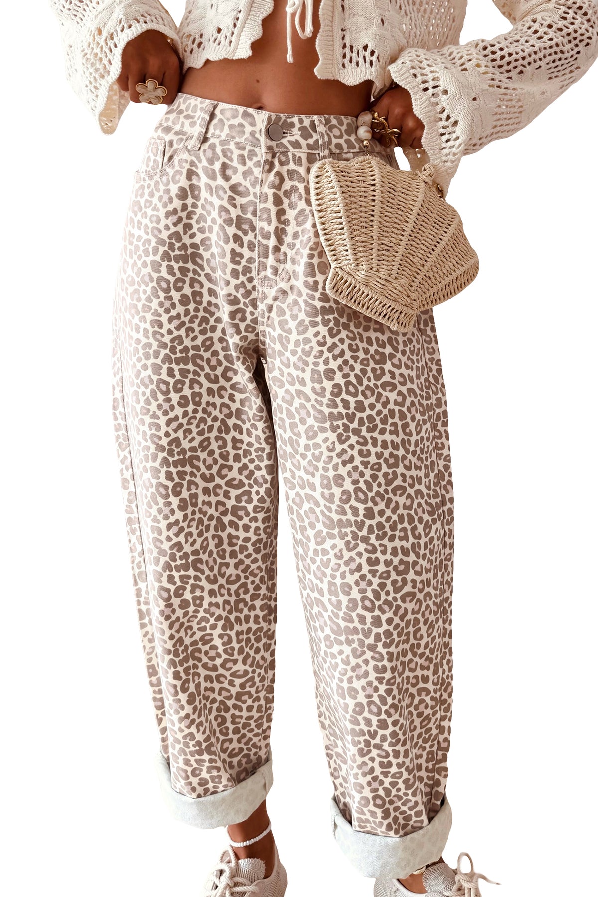 Gray Leopard Print High Rise Relaxed Jeans