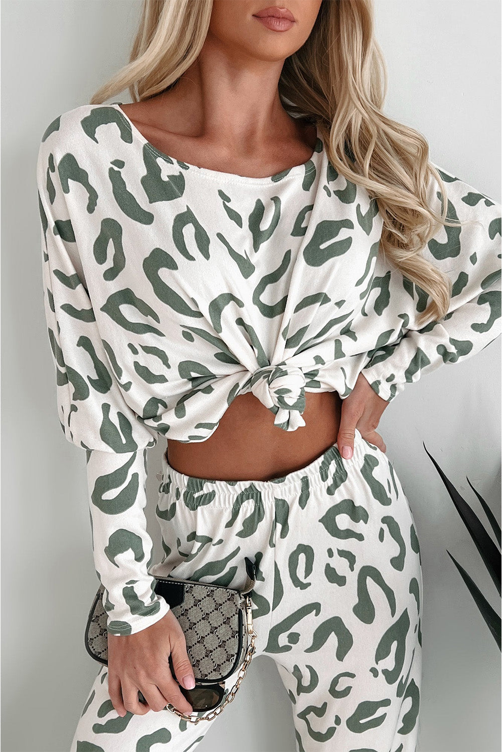 Beige Leopard Animal Print Long Sleeve and Pants Lounge Set