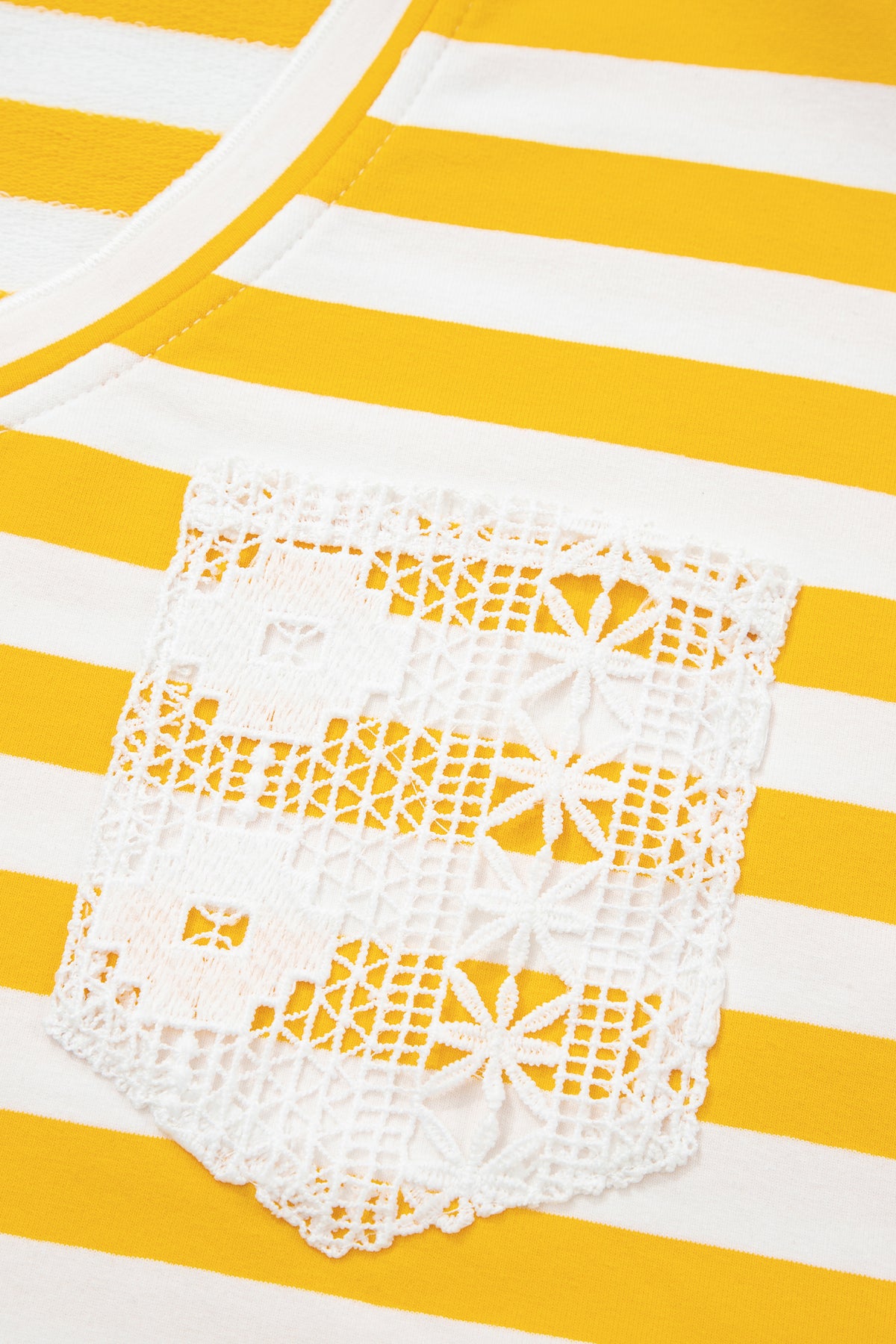 Yellow Stripe Striped Lace Patchwork V Neck Top