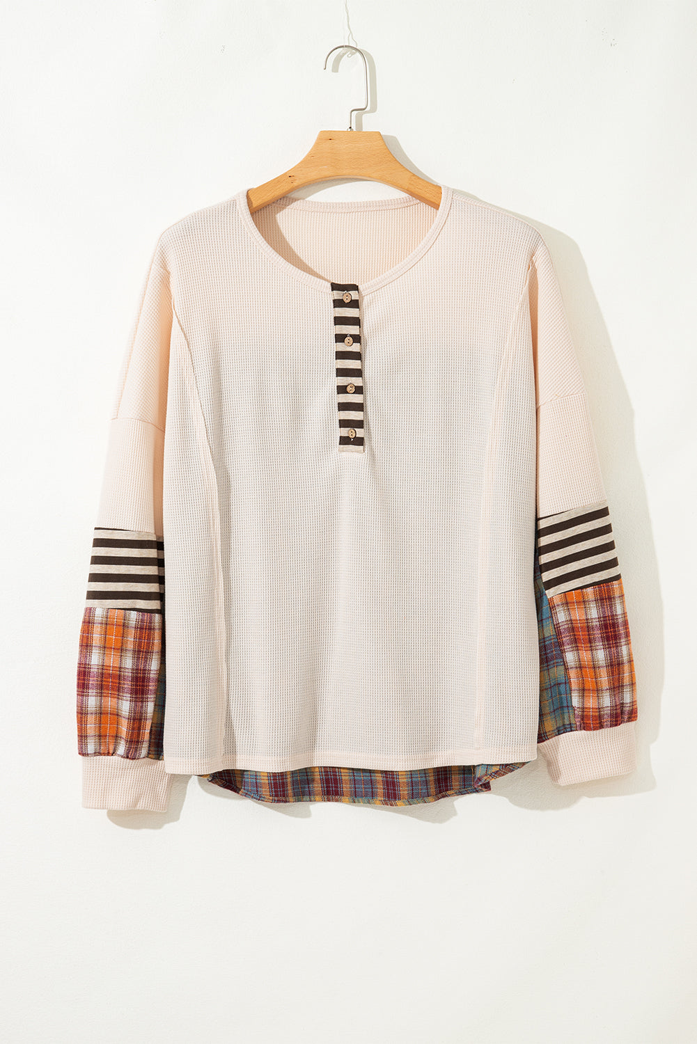 Parchment Plus Size Waffle Color-Block Striped Plaid Patchwork Half Button Pullover