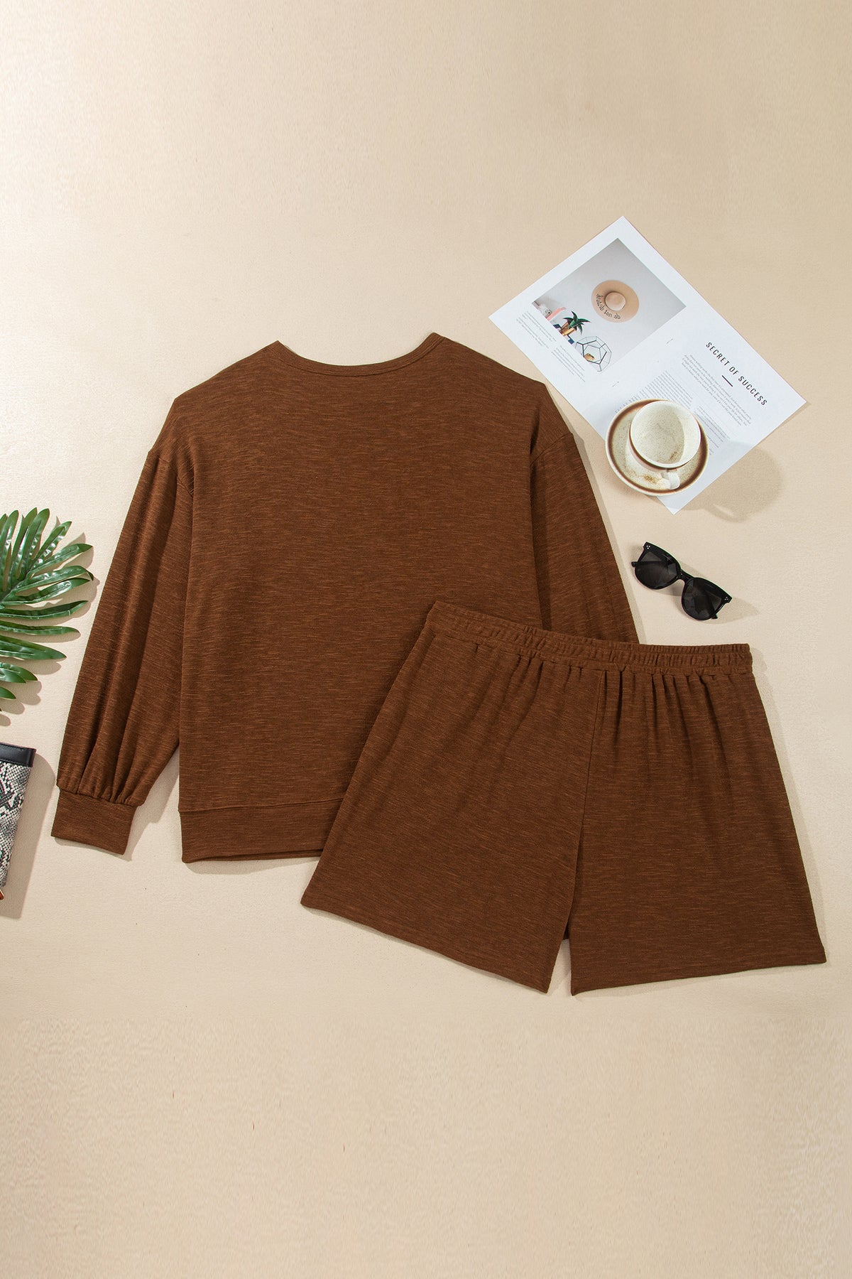Chestnut Drop-Shoulder Long-Sleeve Top Elastic-Waist Shorts Plus Size Set