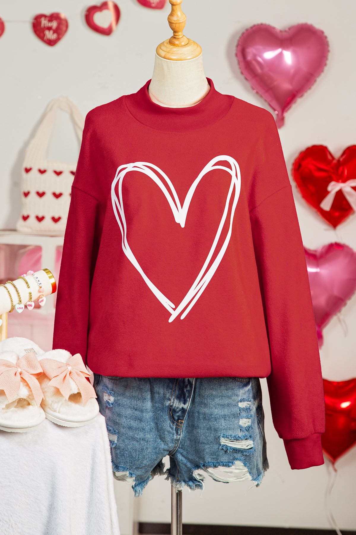 Racing Red Valentines Day Heart Love Script Reversible Printed Double Wear Mock Neck Sweatshirt