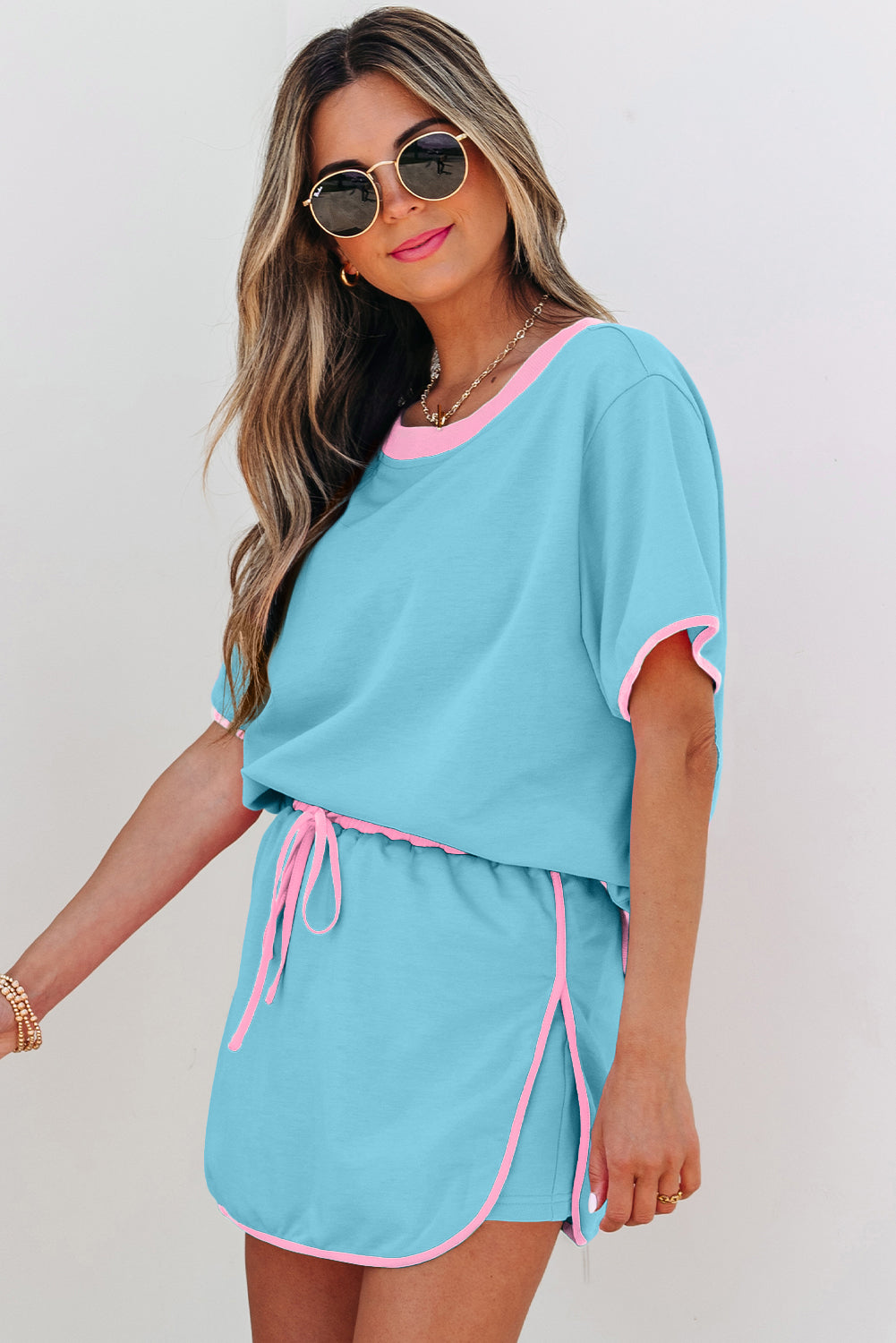 Women's Apricot Colorblock Edge Drop Shoulder T Shirt and Skort Two-Piece Set