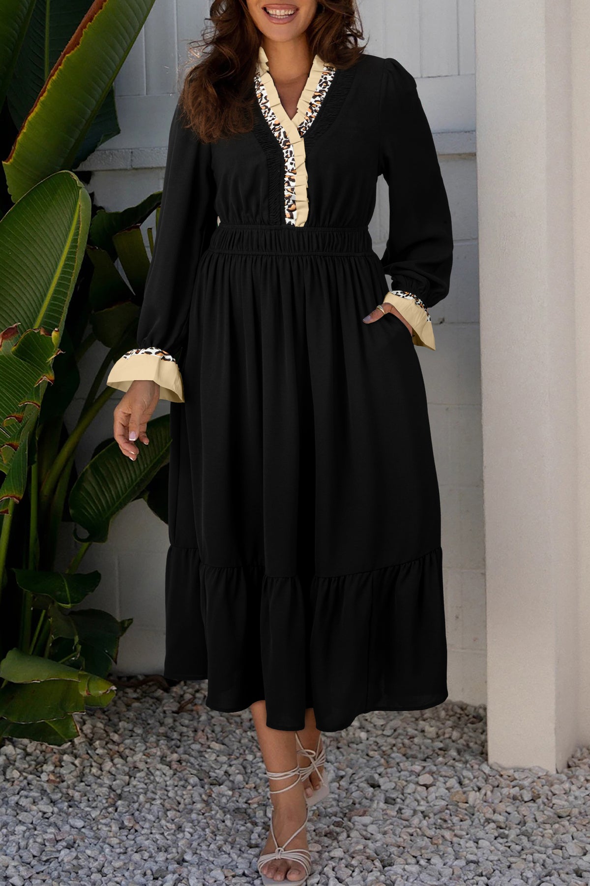 Black Contrast Leopard Trim V Neck Bracelet Sleeve Midi Dress