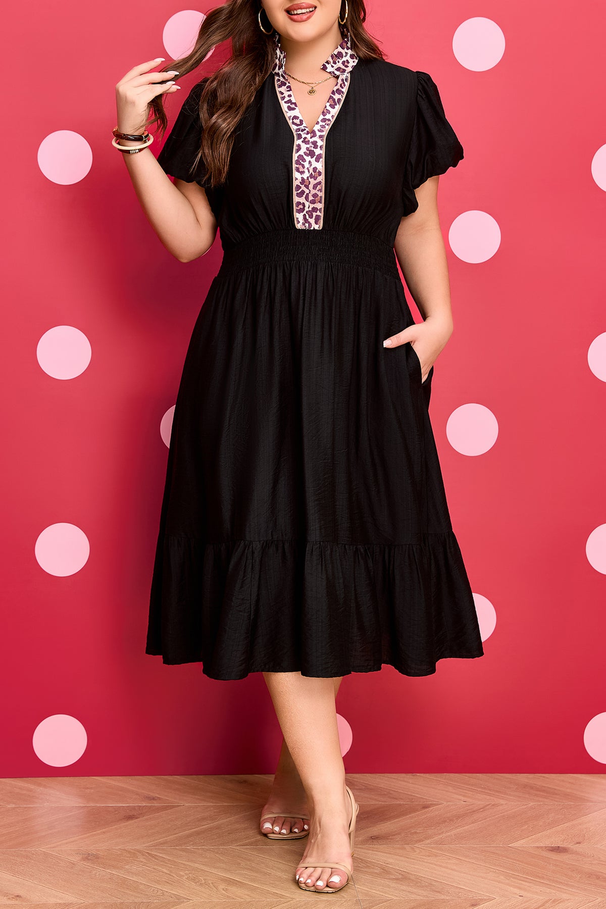 Black Leopard V-Neck Patchwork Smocked Waist Plus Size Ruffled Dress