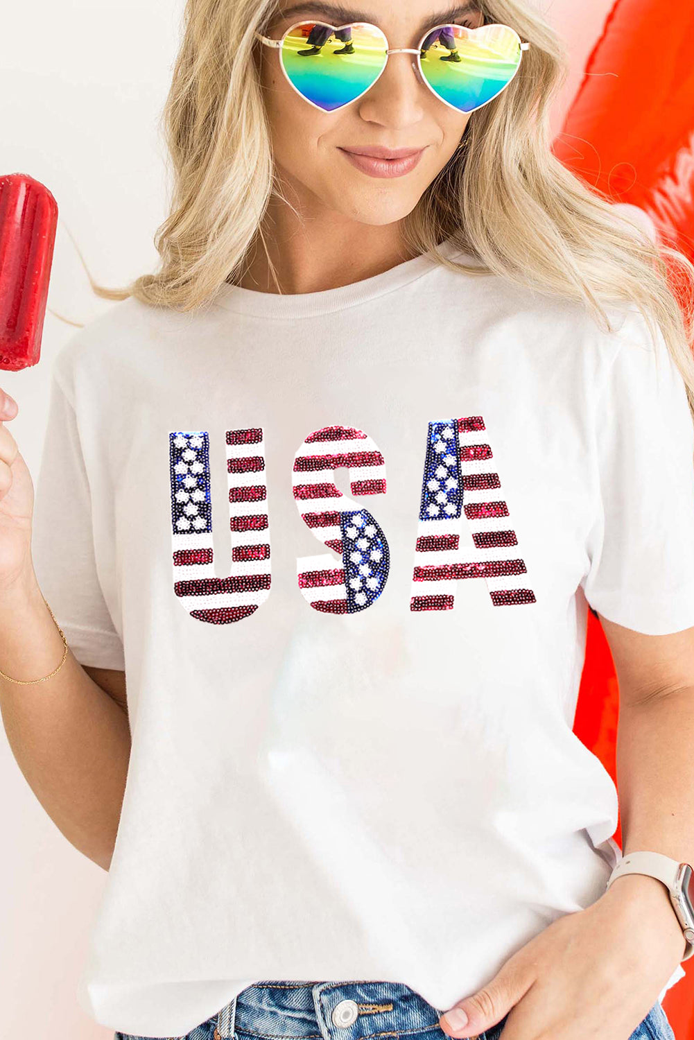 White USA Flag Sequin Patched Round Neck T-Shirt