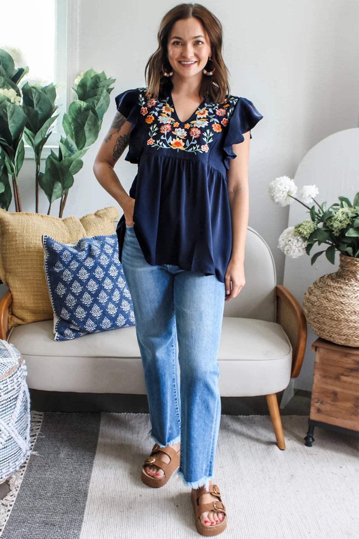 Dirty Blue V Neck Ruffled Sleeve Floral Embroidered Babydoll Blouse