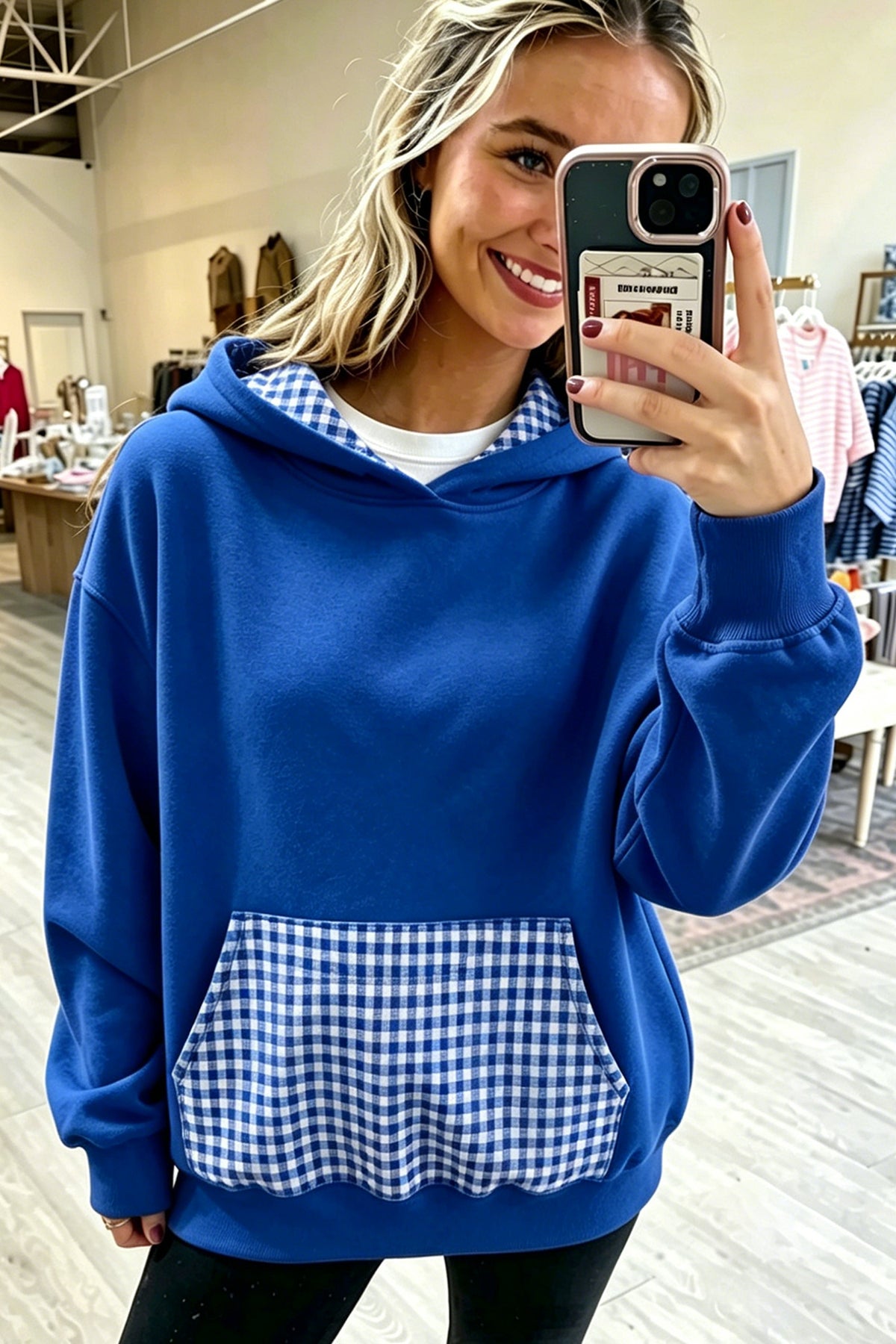 Racing Red Plaid Patchwork Front Pocket Hoodie