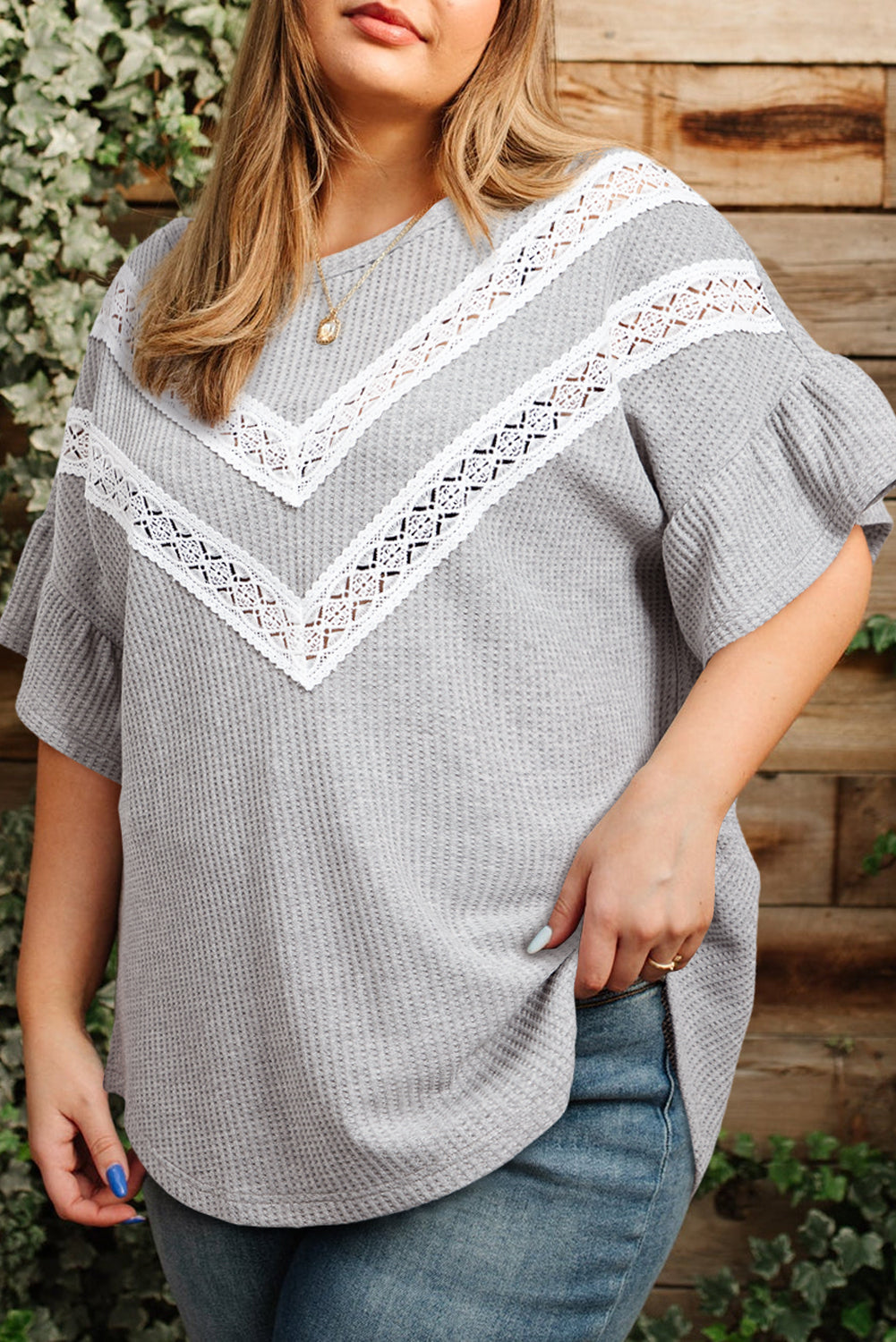 Light Grey Lace Insert Waffle Ruffle Short-Sleeve Plus Size Top