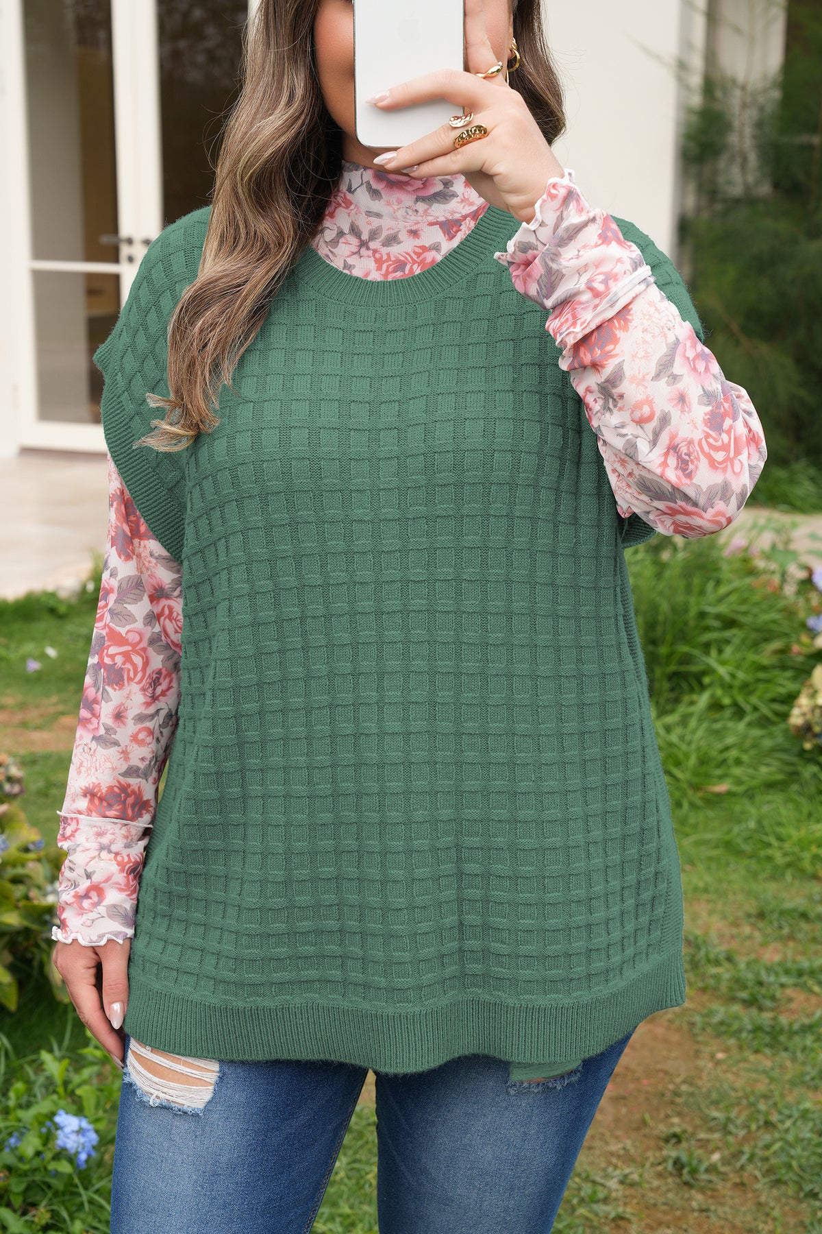 Mist Green Plus Size Solid Color Textured Knit Short-Sleeve Sweater