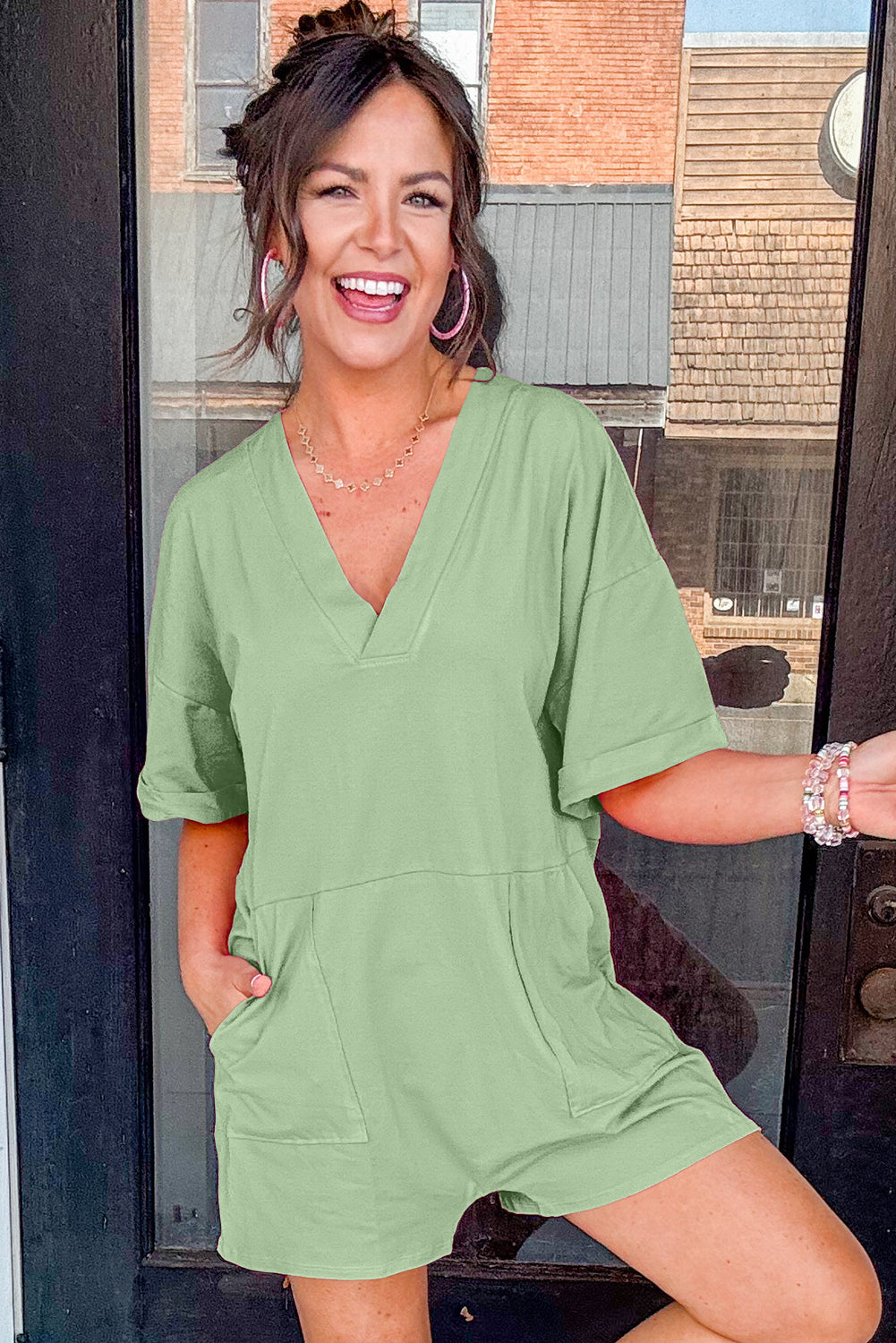 Grass Green Loose Half Sleeve V Neck Knit Romper