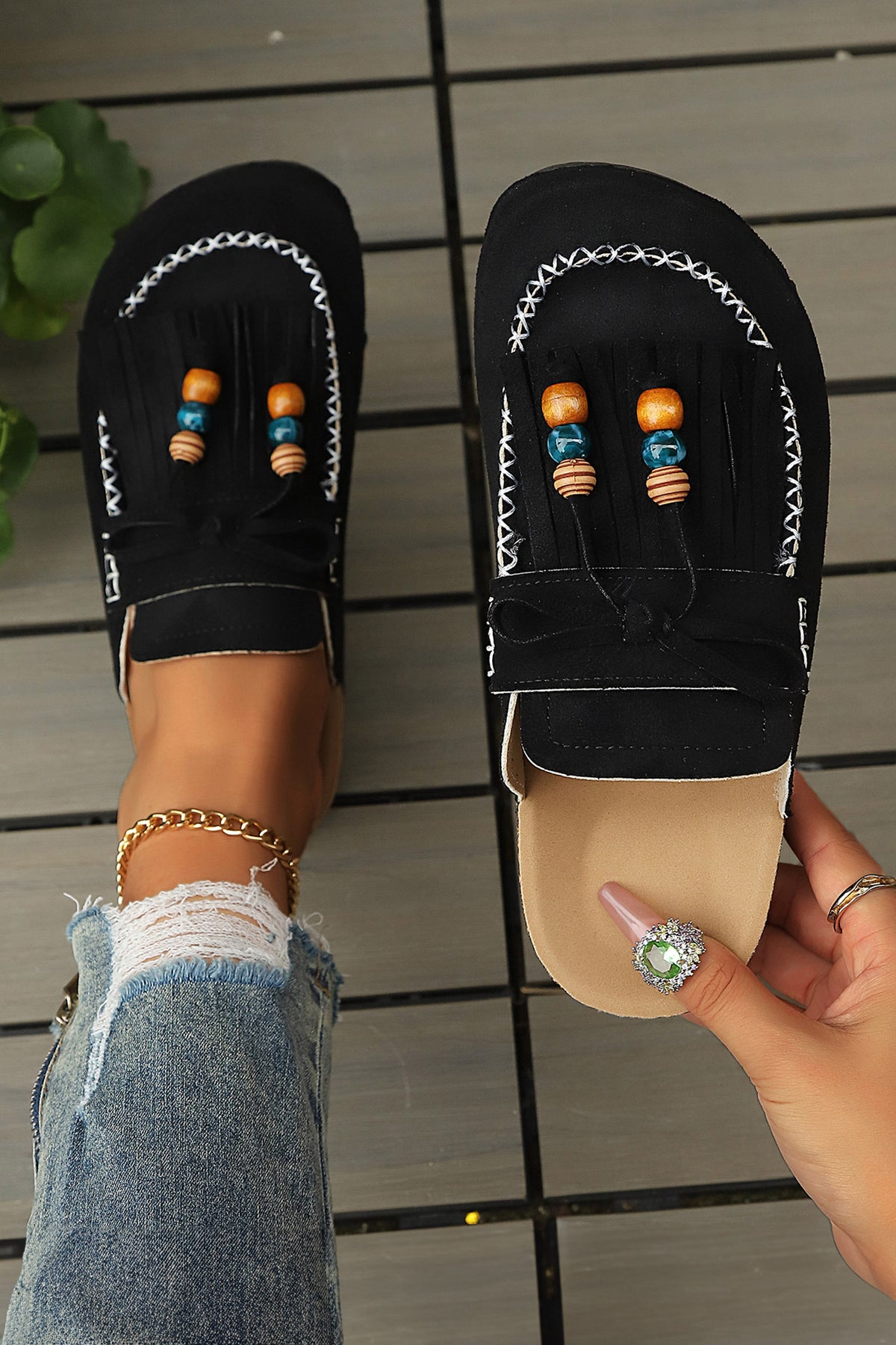 Dark Grey Boho Bow Fringed Faux Suede Slip-On Loafers Square Toe Casual Sandals