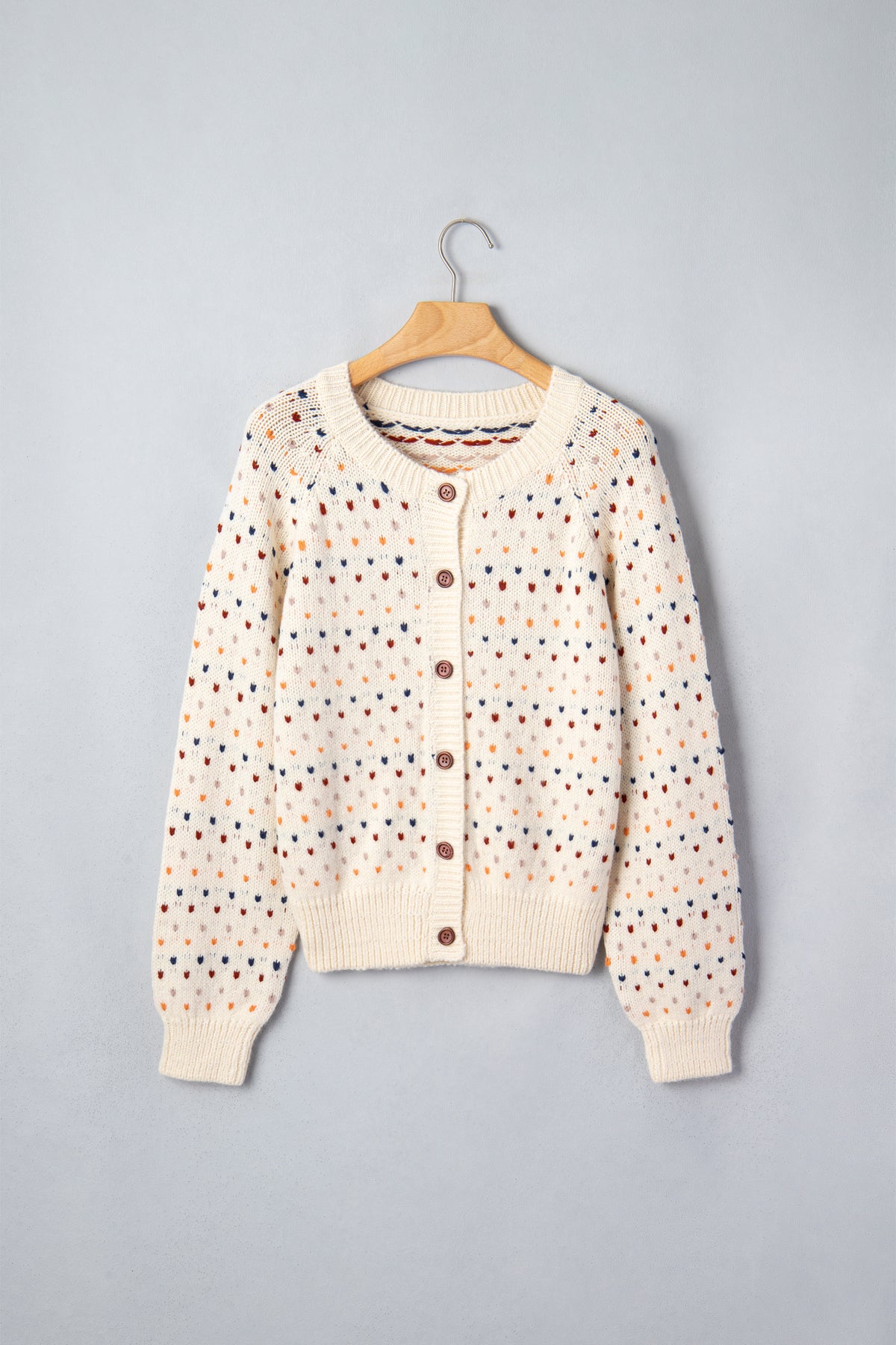Beige Geometric Print Button Front Long Sleeve Cardigan