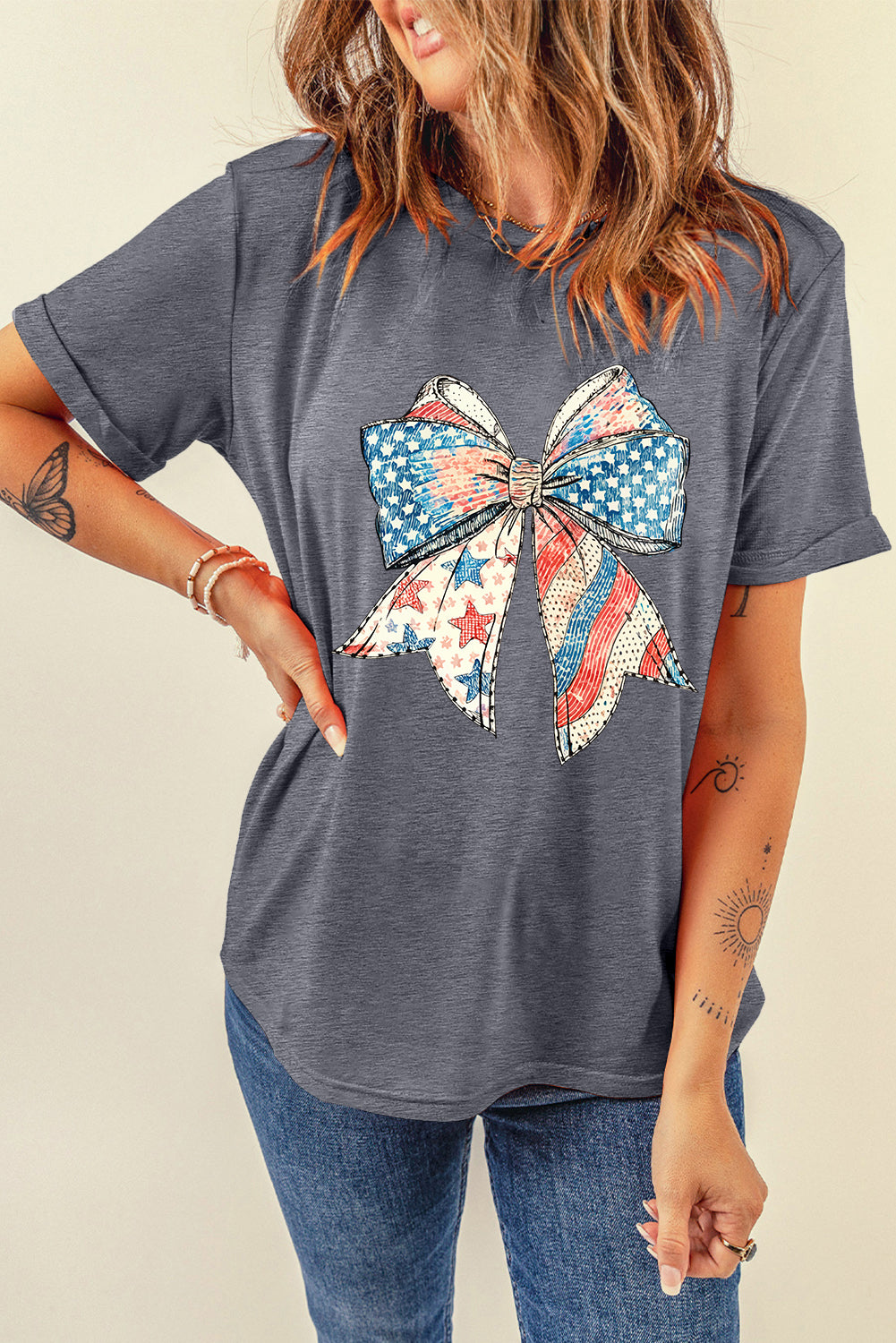 Gray US Flag Bow Print Round Neck Loose T-Shirt