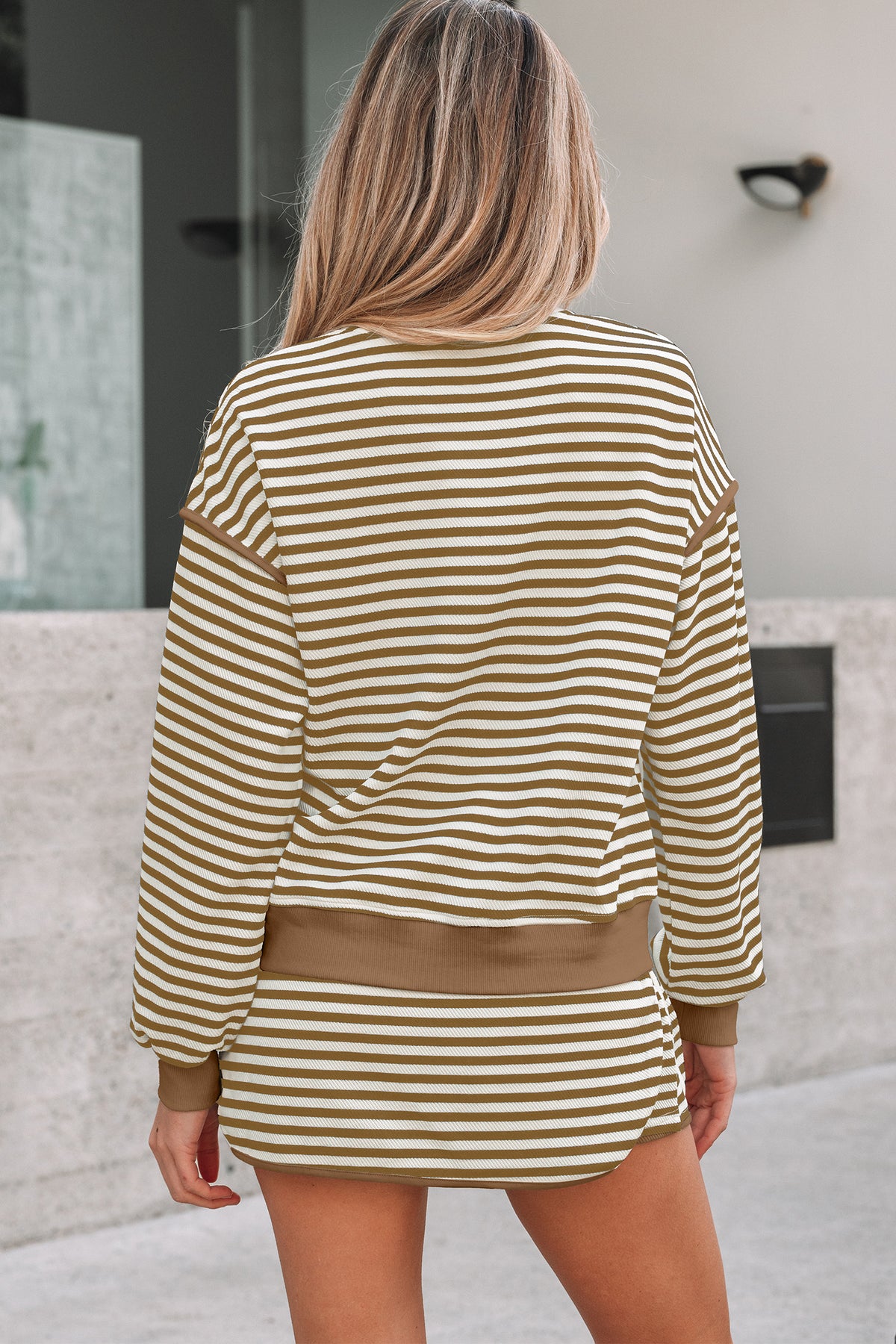 Black Stripe Textured Drop Shoulder Pullover Top Drawstring Mini Skort Two Piece Dress Set
