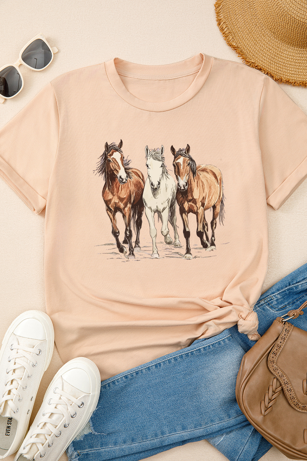 Khaki Gallant Horses Printed Casual T-Shirt