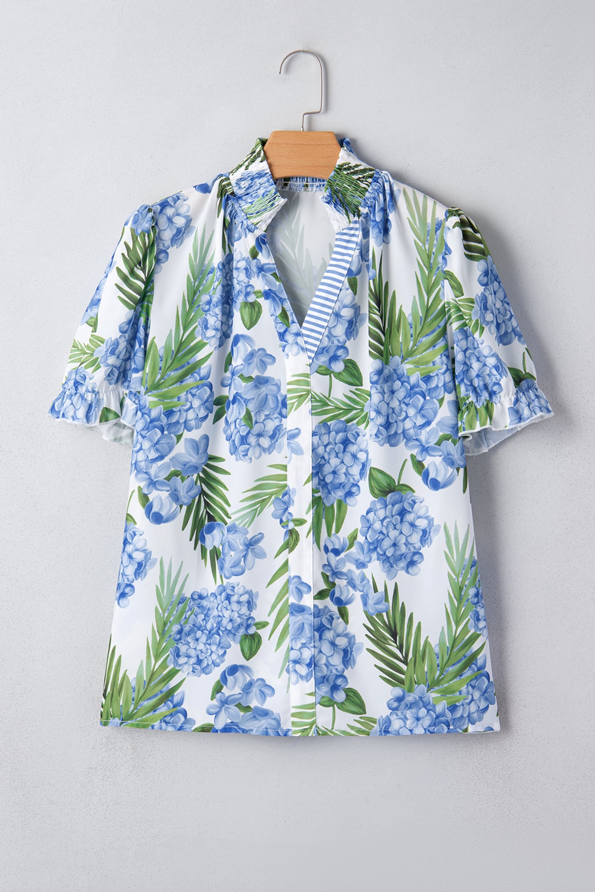 Sky Blue Palm Floral Striped Patchwork V Neck Short Sleeve Blouse