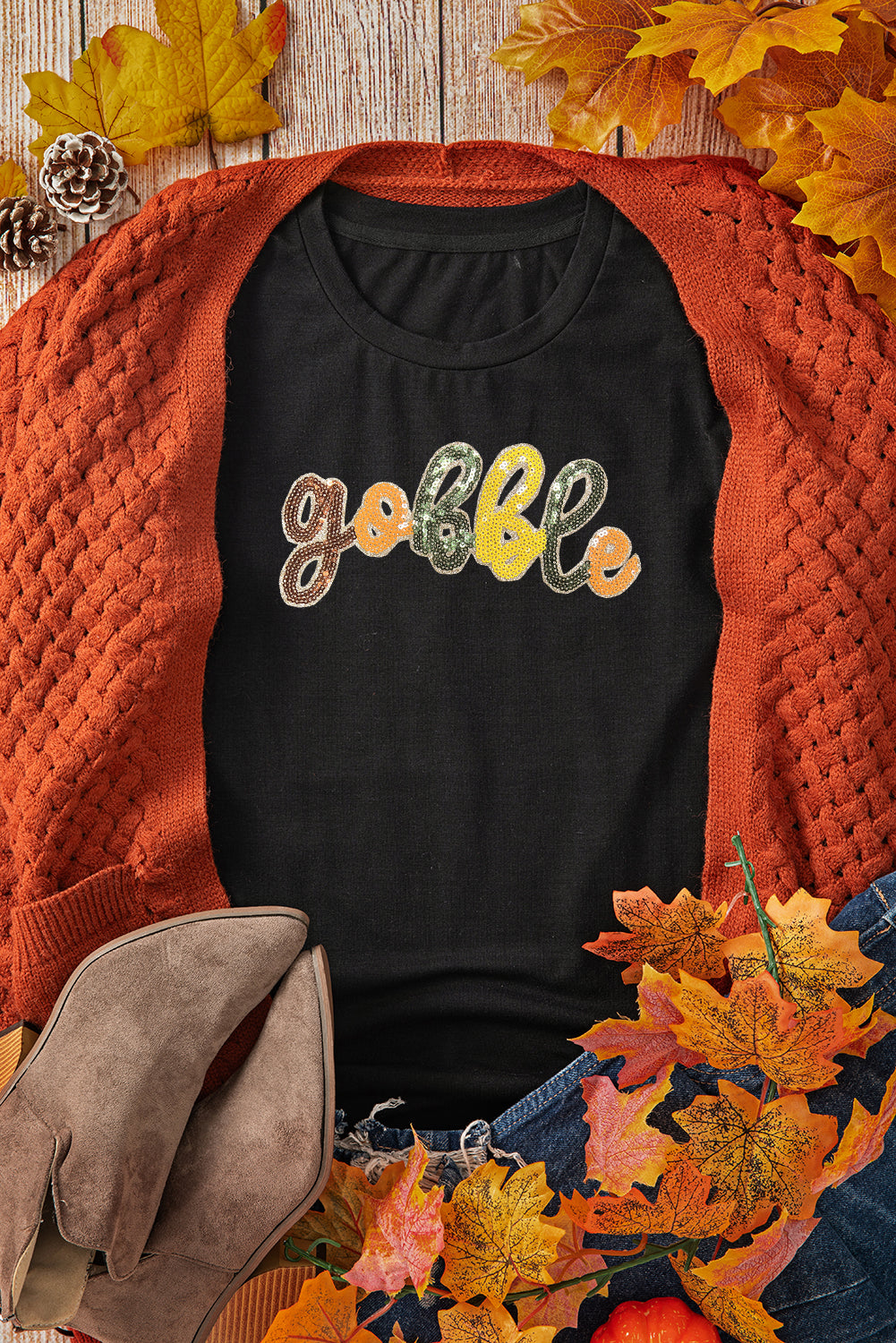 Black gobble Sequin Letter Graphic Thanksgiving T-Shirt