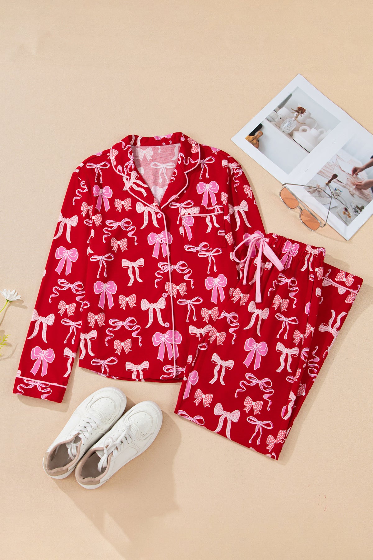 Red Sweet Bow Print Shirt Style Top Long Pajama Set