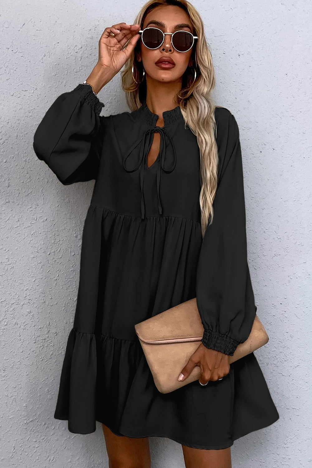 Black Tie Split Neck Smocked Detail Long Puff Sleeve Ruffle Hem Dress