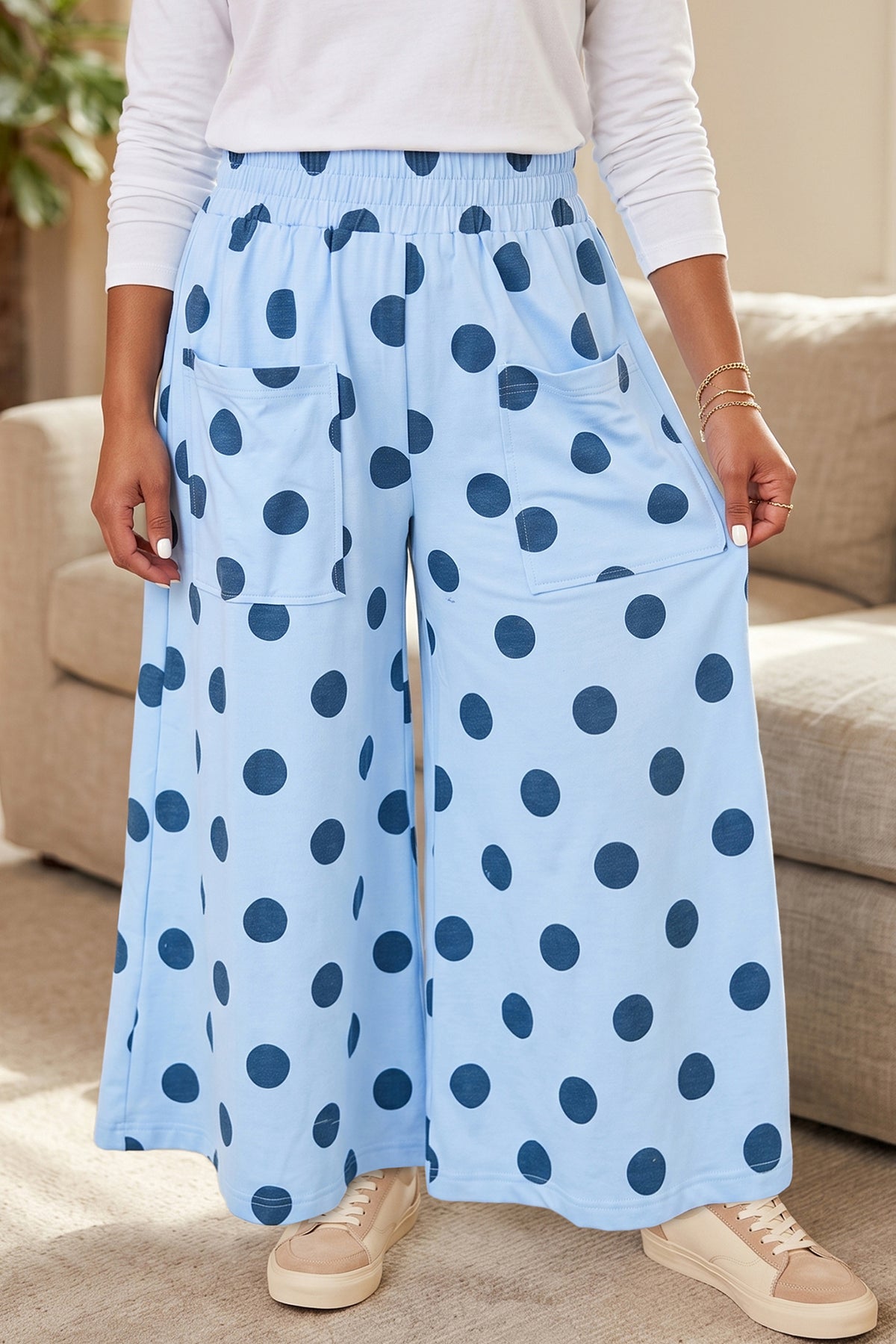 Khaki Polka Dot Elastic-Waist Wide-Leg Plus Size Pants