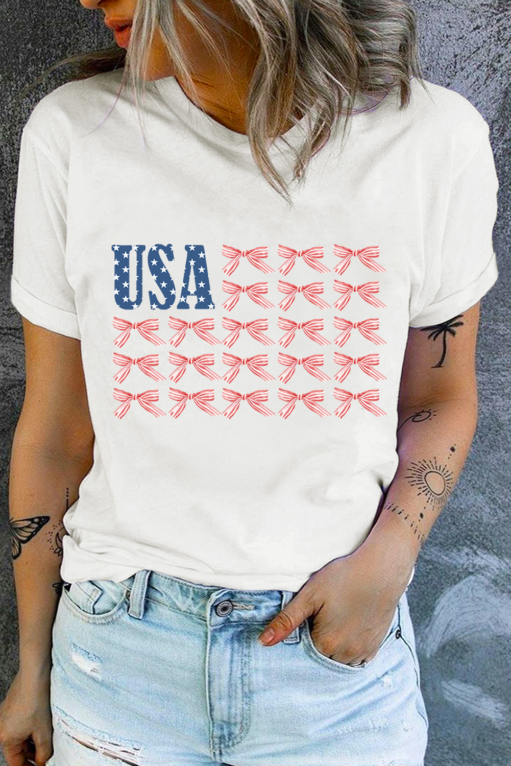 White USA Flag Bow Knot Print Round Neck T-Shirt