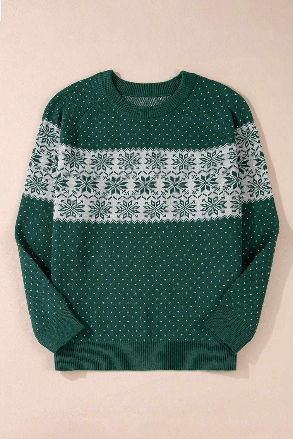 Green Christmas Snowflake Pattern Drop-Shoulder Plus Size Sweater
