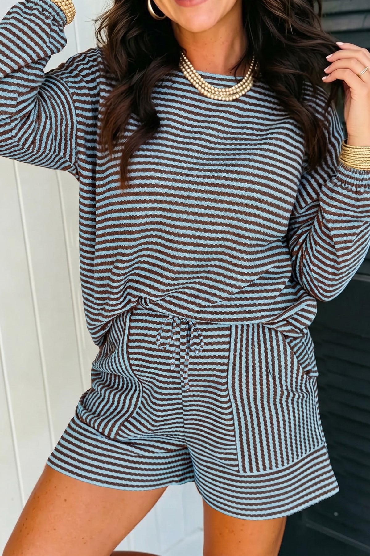 Sky Blue Stripe Textured Knit Long Sleeve Top Elastic Waist Shorts Set