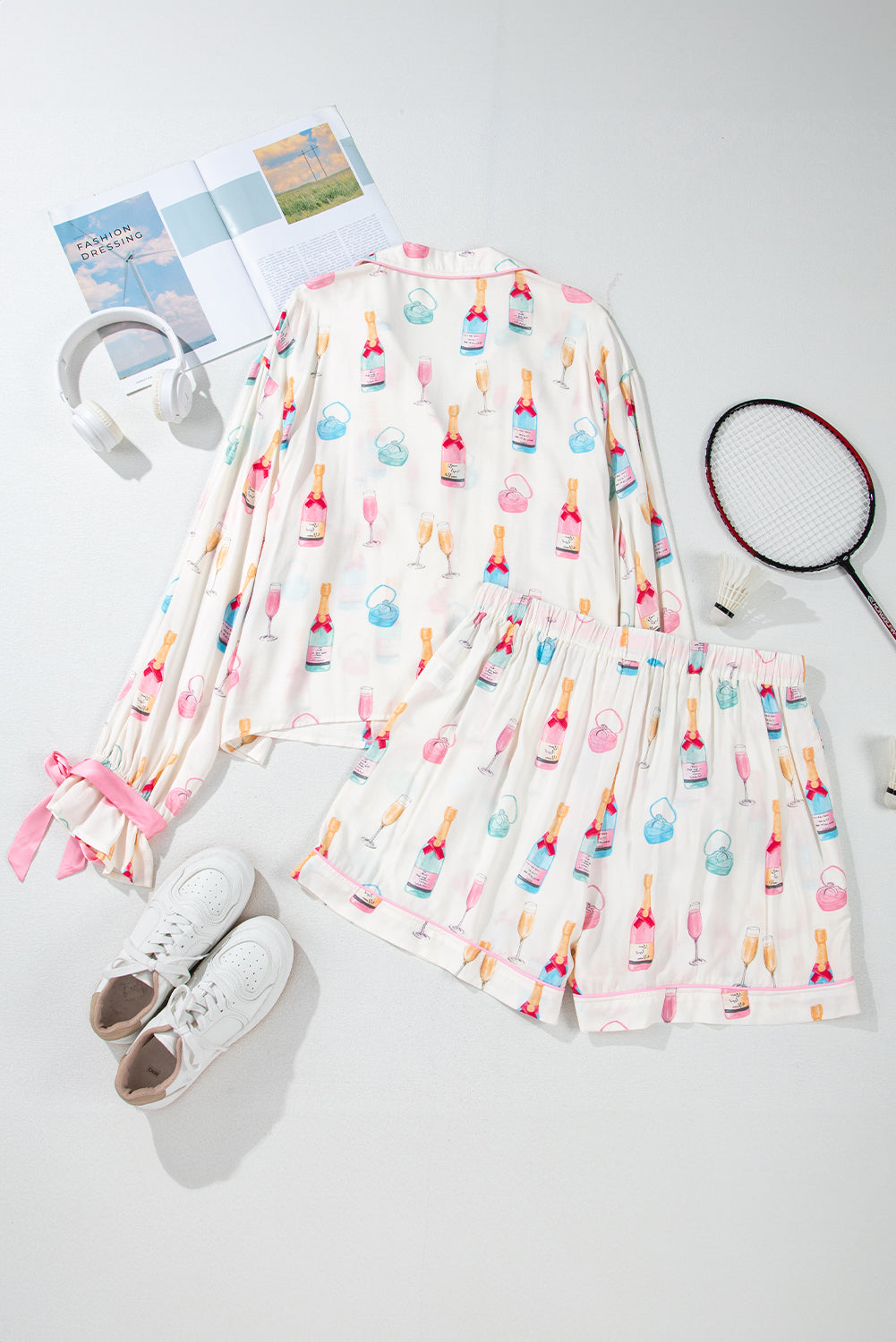 White Plus Size Wine Glass Print Bow-Knot Pajama Set