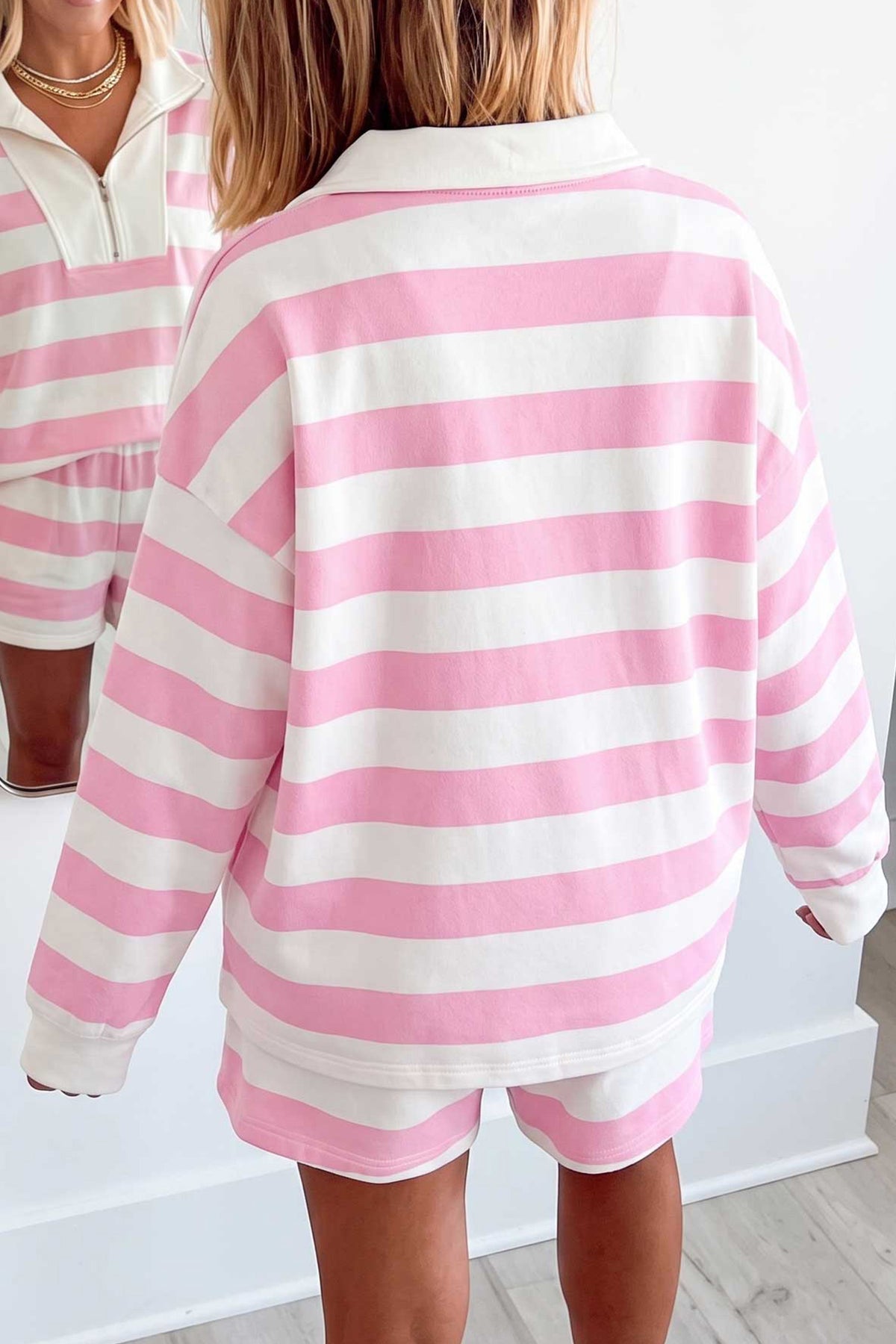Women's Pink Stripe Patchwork Zipper Pullover Elastic Waist Shorts Two-Piece Set