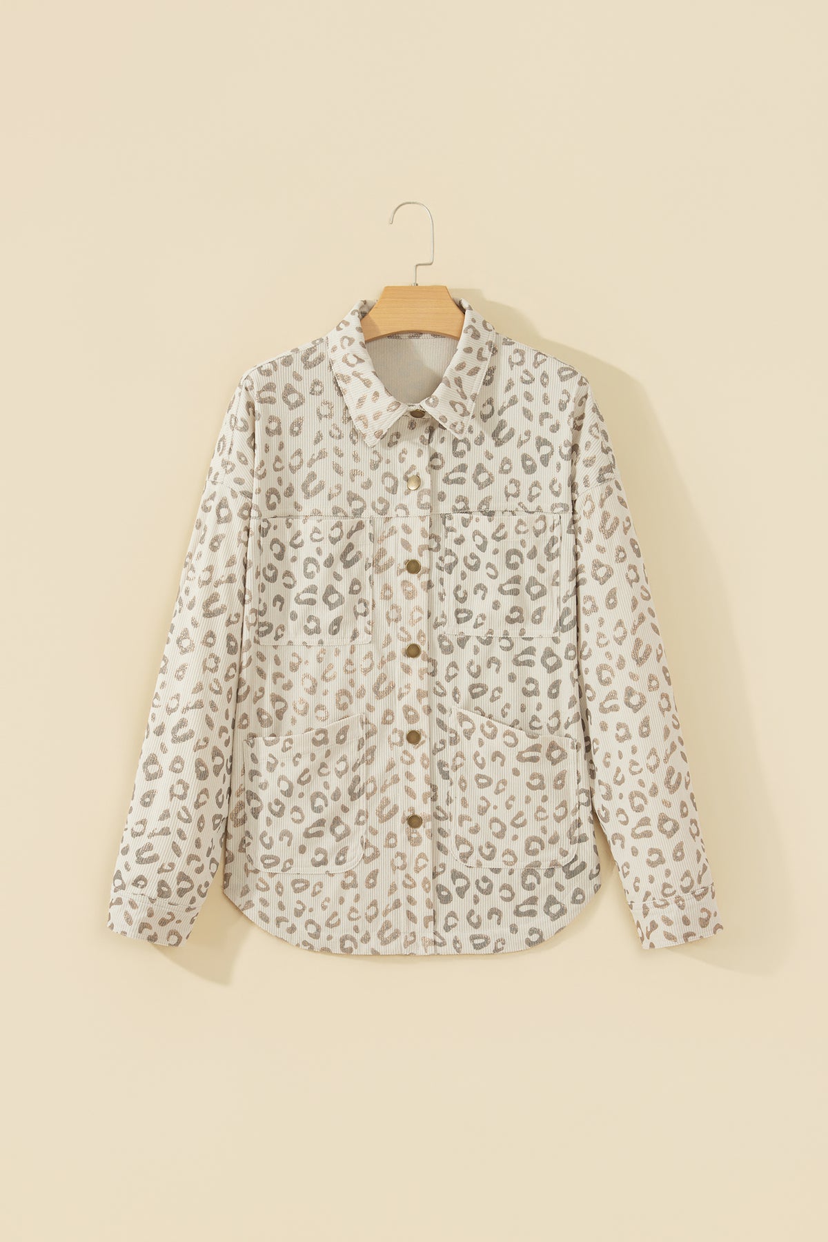 Khaki Leopard Print Corduroy Shirt Collar Long Sleeve Jacket