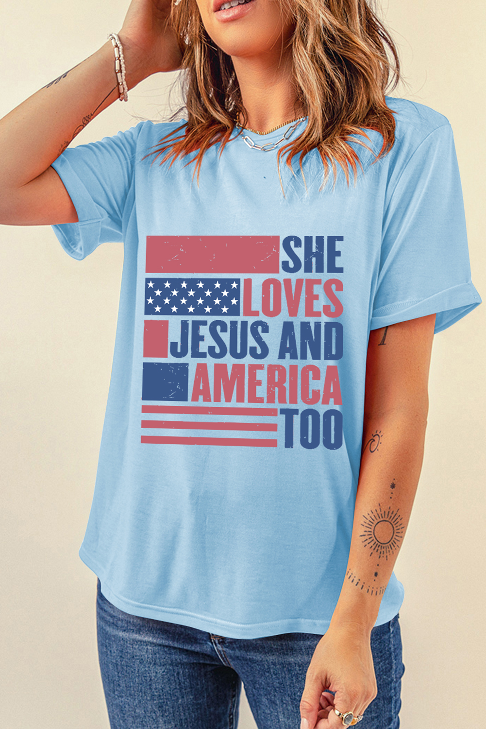Light Blue SHE LOVES JESUS AND AMERICA TOO Flag Graphic T-Shirt