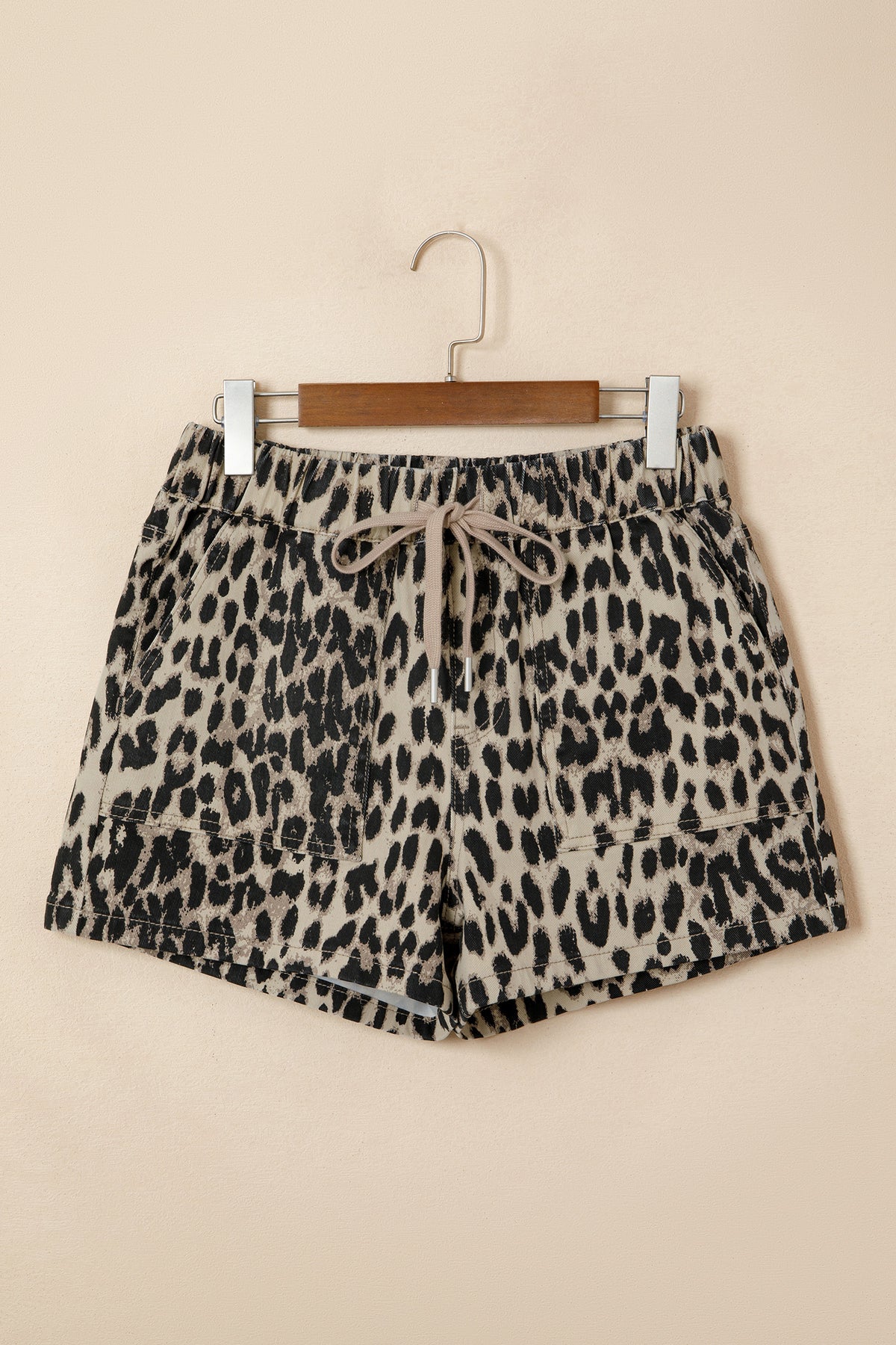 Brown Retro Leopard Print Lace-up Elastic Waistband Mid Rise Shorts
