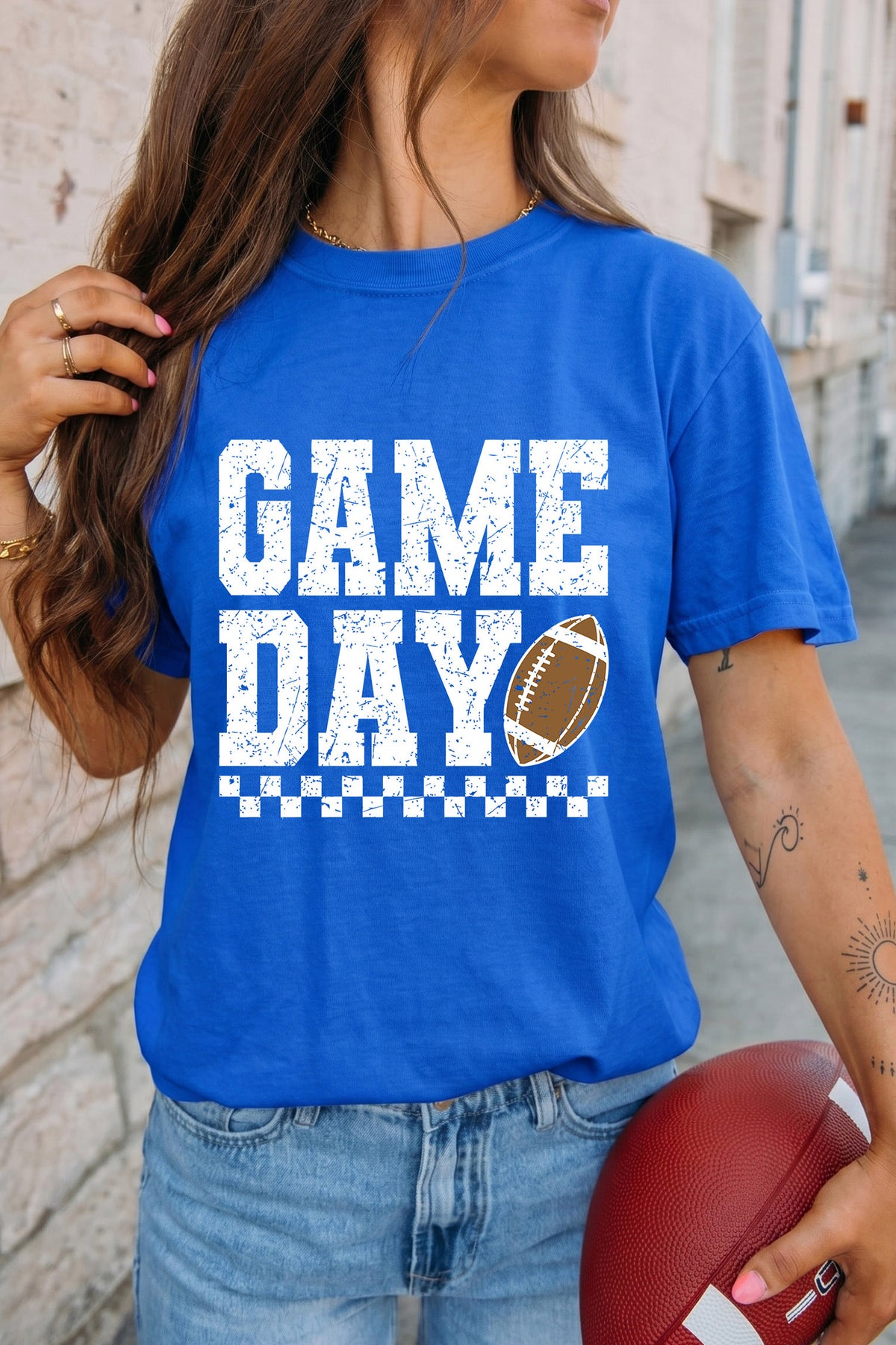 Dark Blue GAME DAY Checkered Print Rugby Graphic T-Shirt