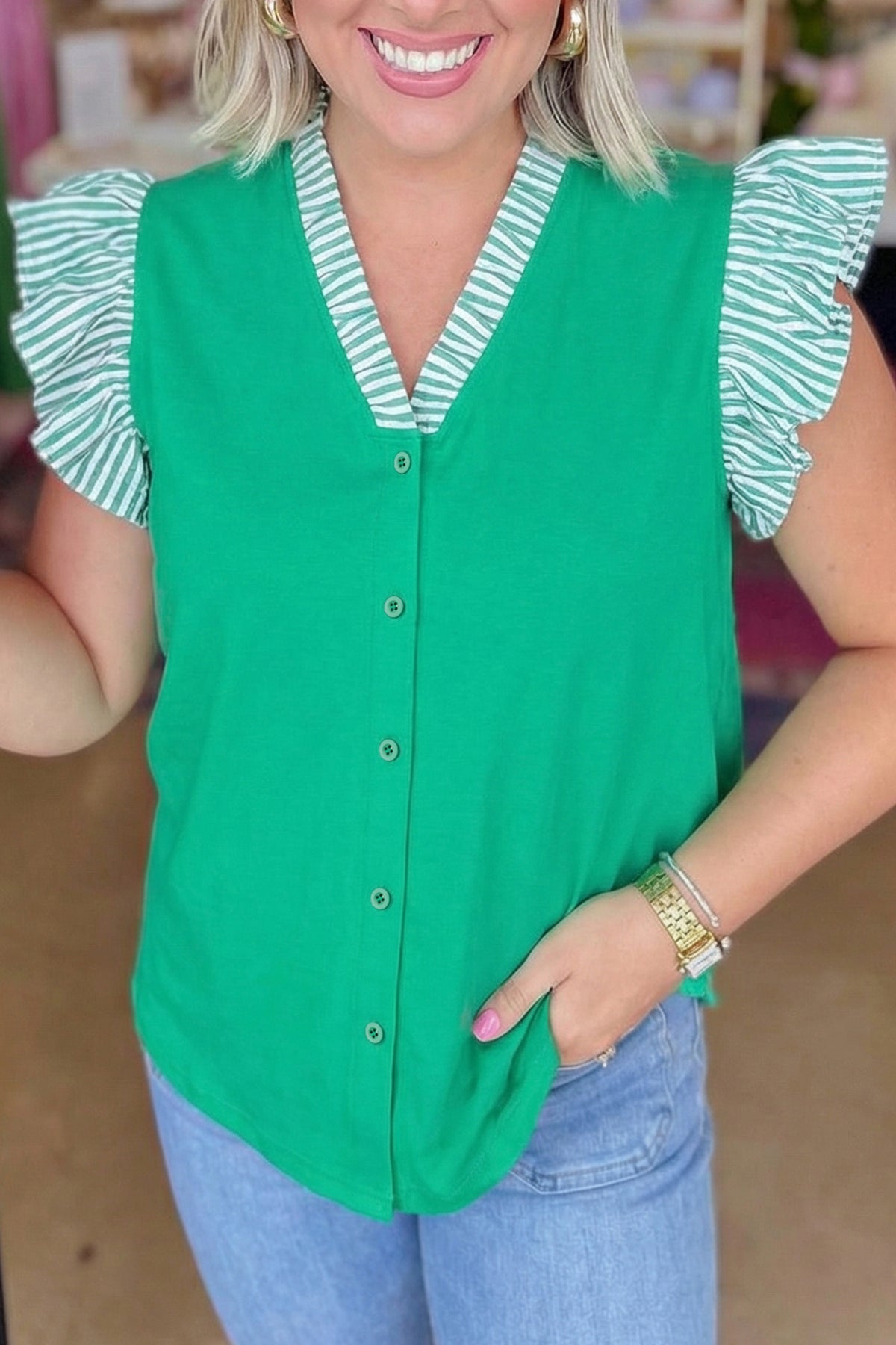 Dark Green Plus Size Button Front Ruffled Stripe Trim V-Neck Flutter Sleeve Blouse