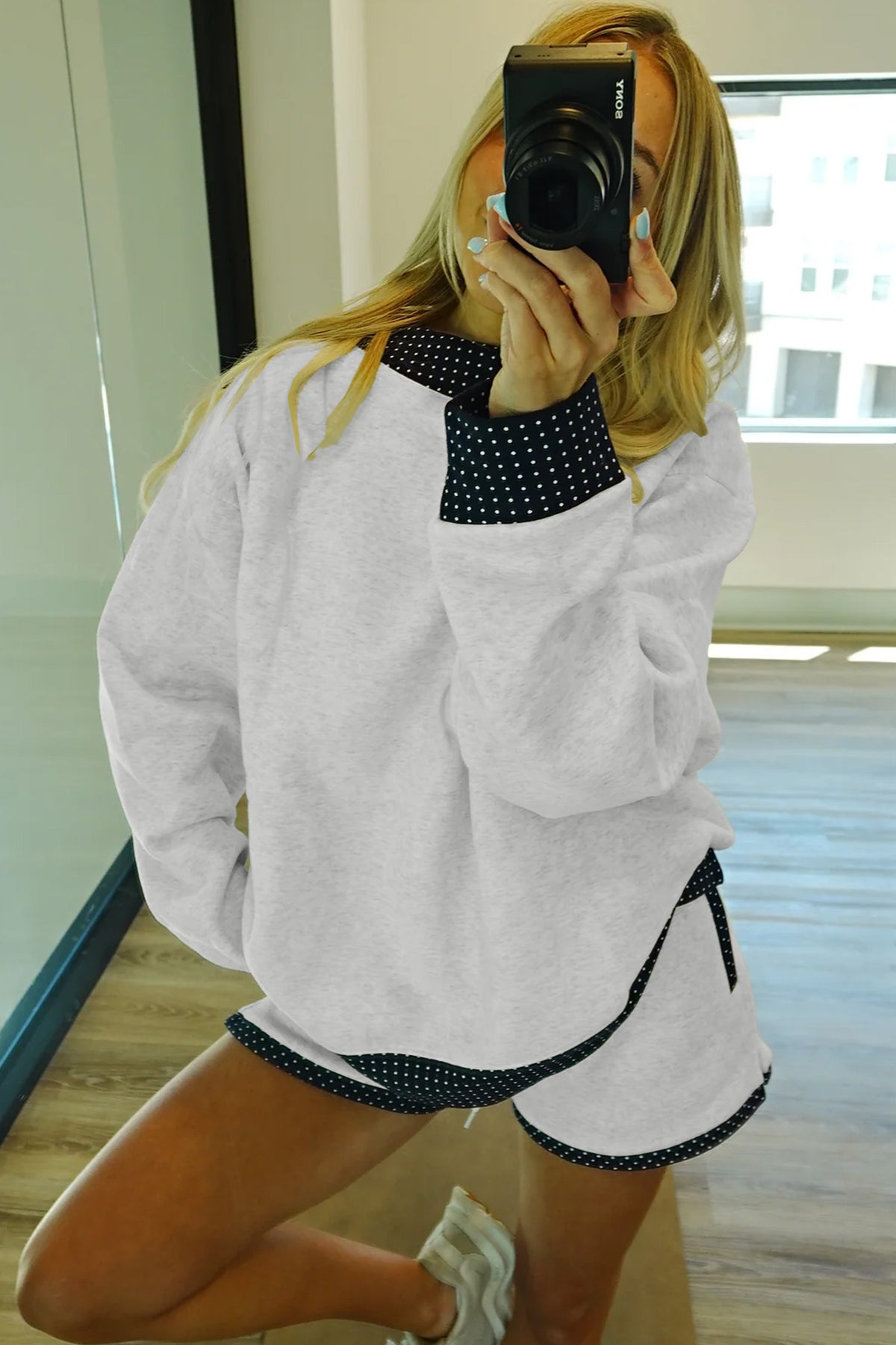Women's Light Grey Polka Dot Patchwork Mock Neck Pullover Casual Shorts Set