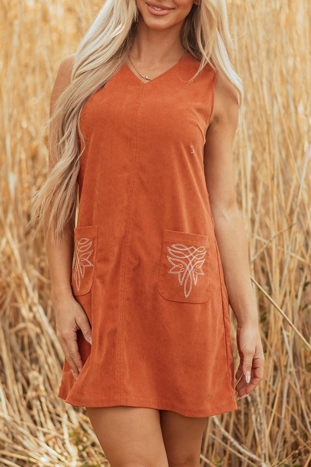 Gold Flame Corduroy Western Embroidered Sleeveless Mini Dress