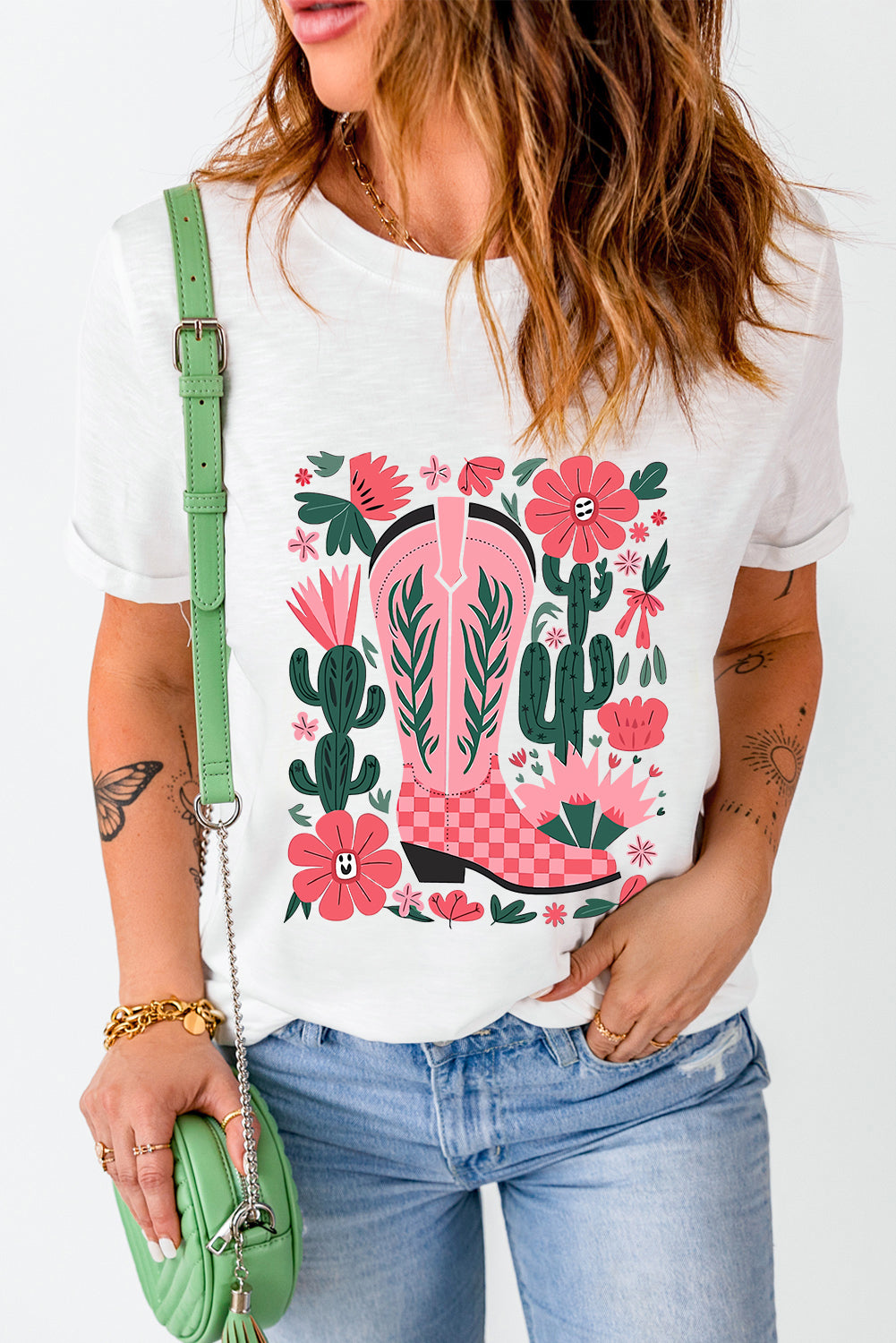 White Western Boots Flower Print Round Neck T-Shirt