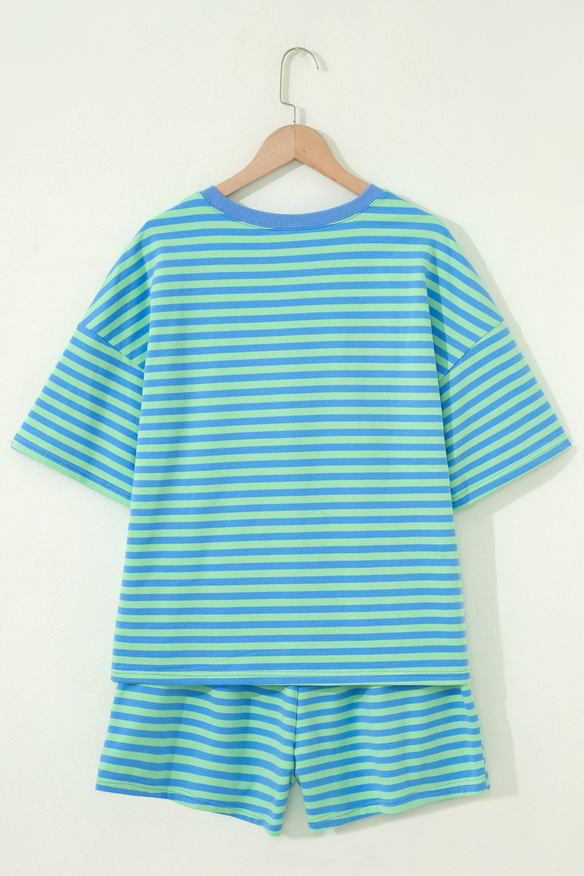 Women's Navy Stripe Striped Ribbed Cotton Two-Piece Shorts Two-Piece Set with Chest Patch Detai