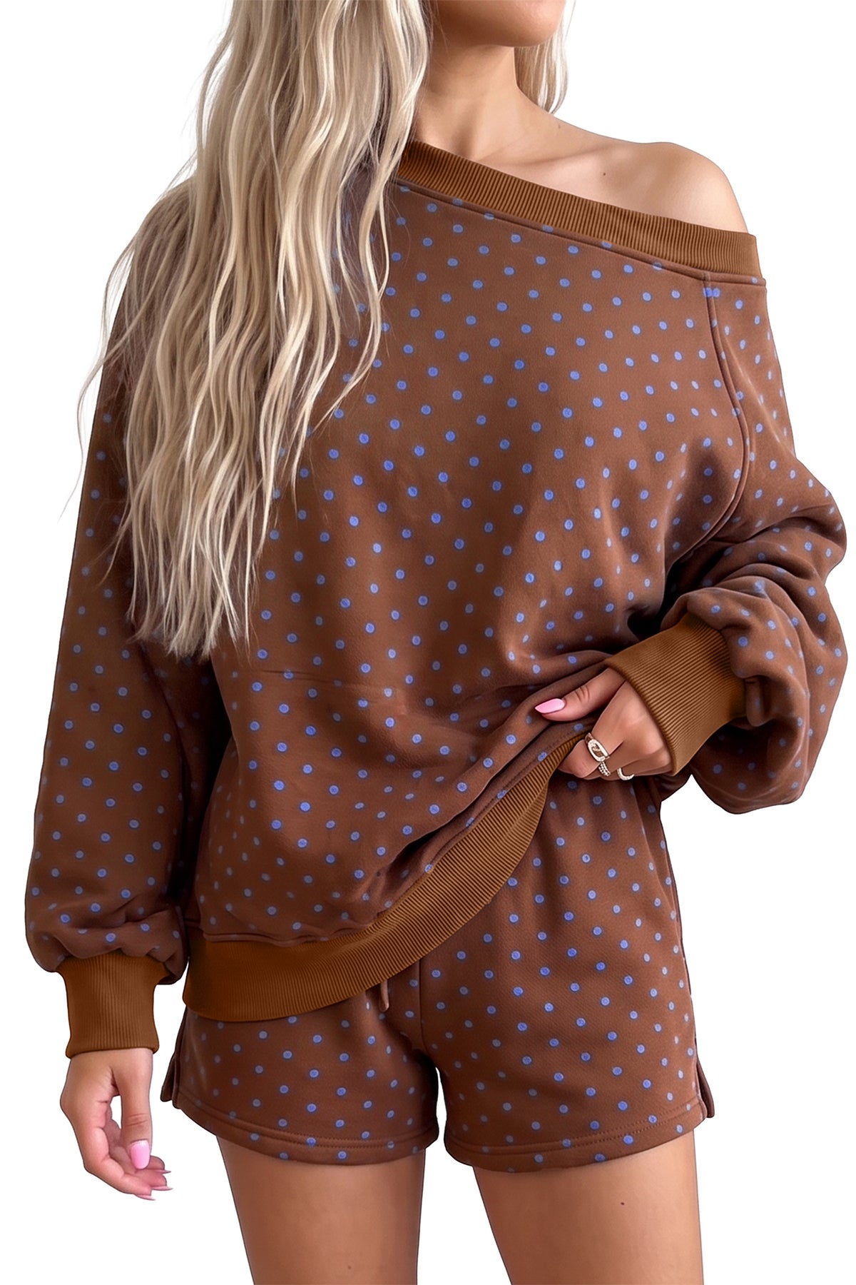 Brown Polka Dot Relaxed Top and Drawstring Shorts Set
