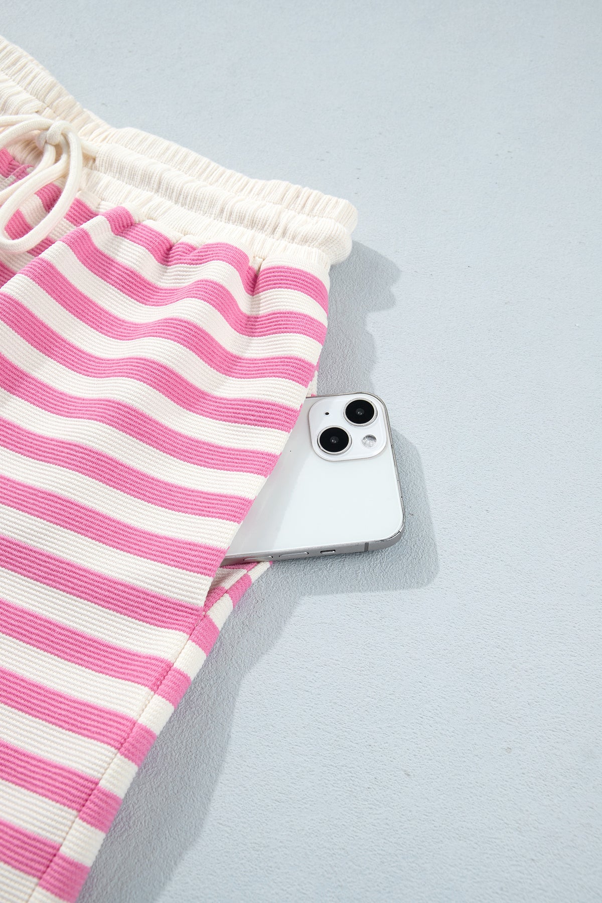 Women's Pink Striped Long-Sleeve Crewneck Drawstring Waist Shorts Set