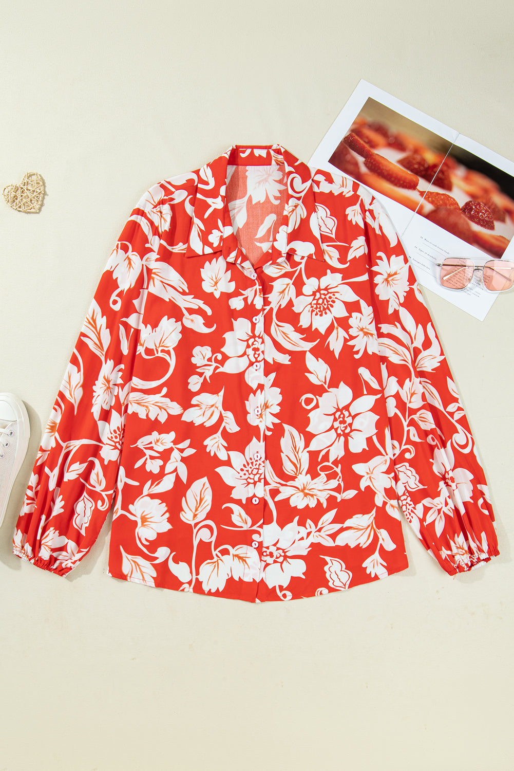 Red Plus Size Floral Print Loose Button-Up Shirt