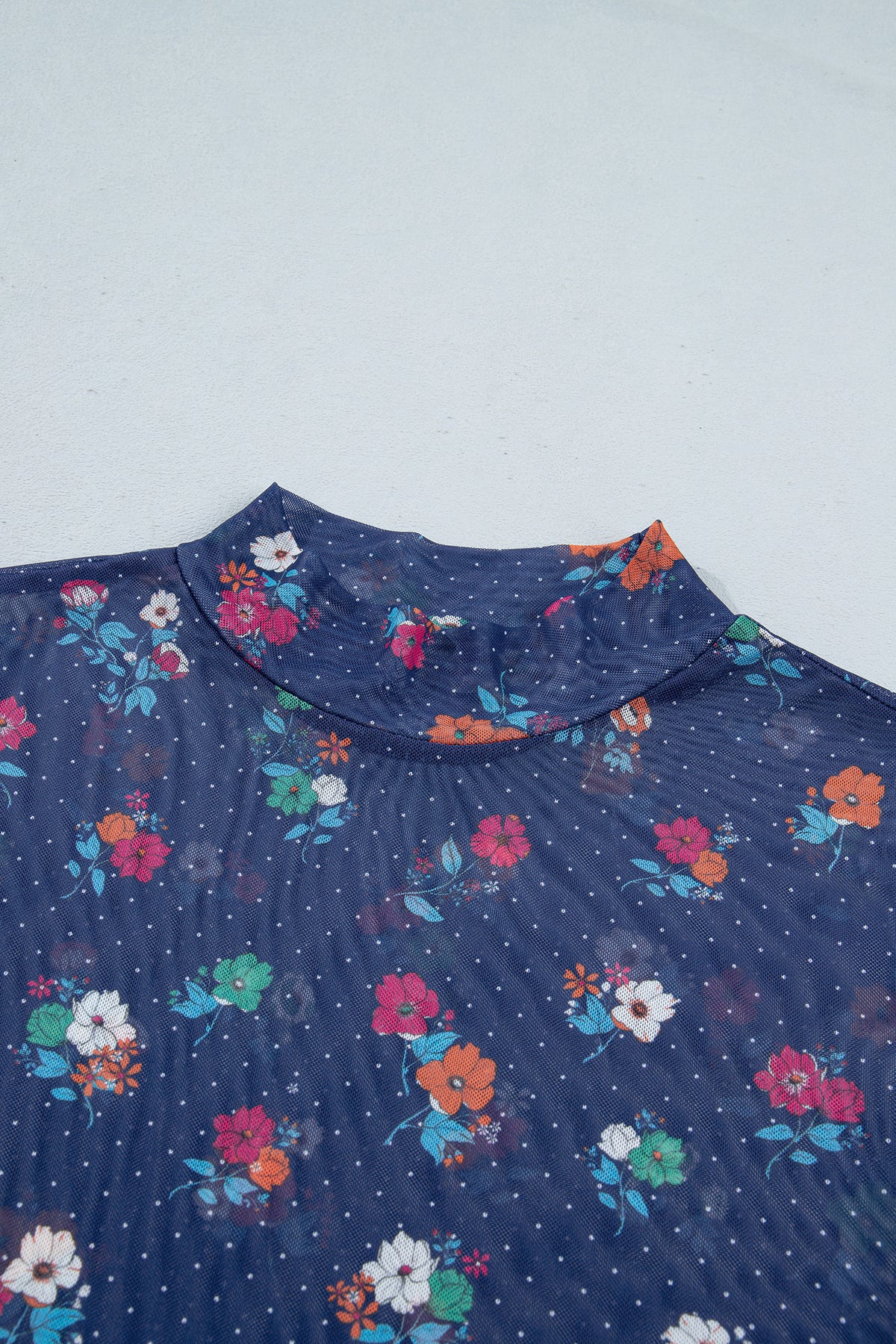 Blue Polka Dot Floral Mesh High Neck Sheath Top