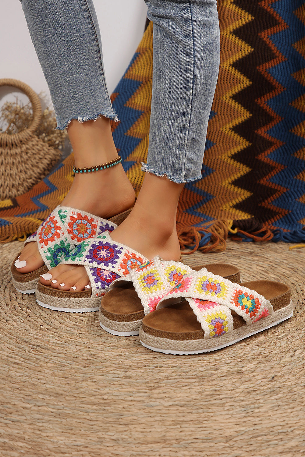 White Geometric Woven Crisscross Strap Platform Sandals