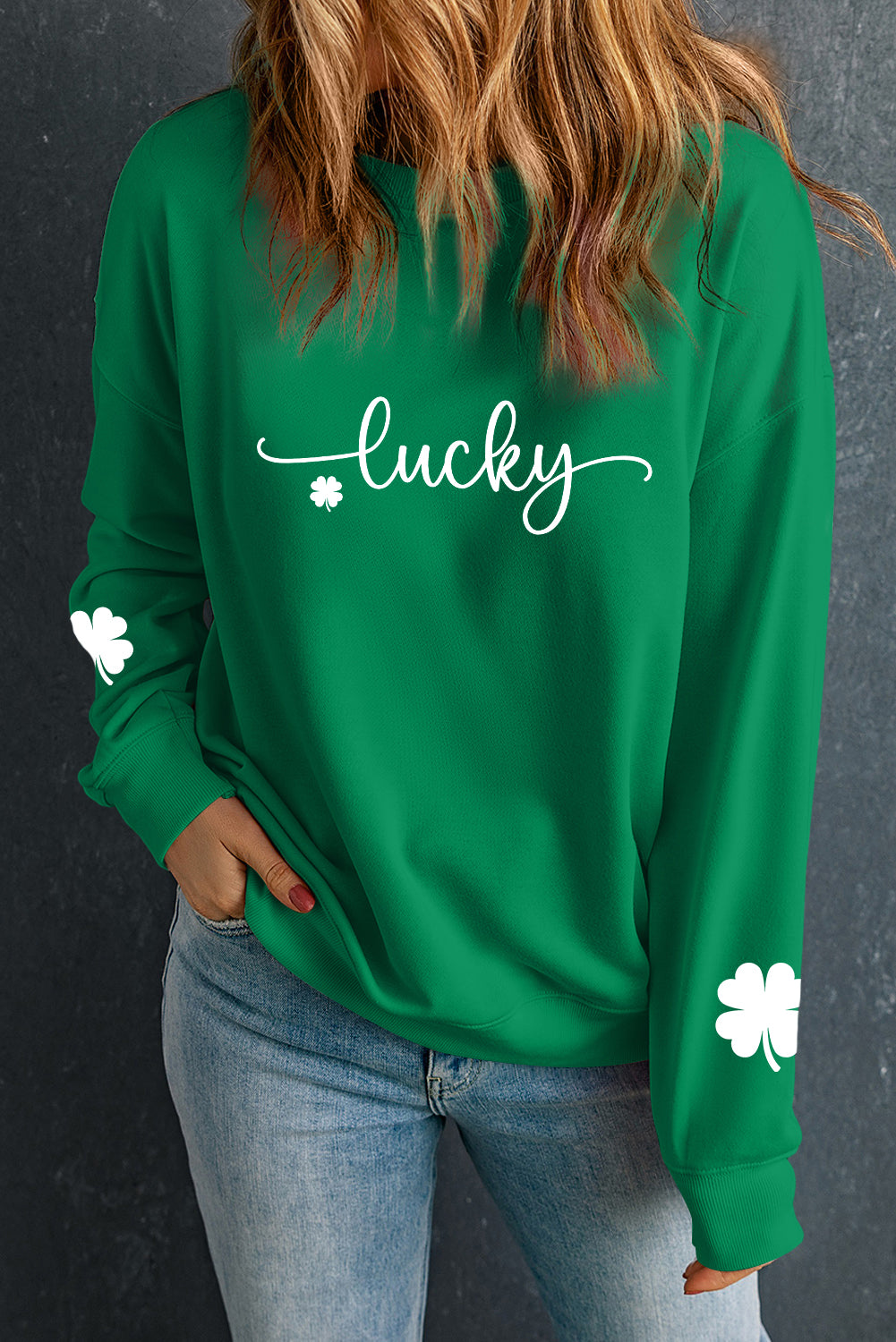 Dark Green Lucky Four Leaf Clover Graphic St Patricks Pullover Sweatshirt