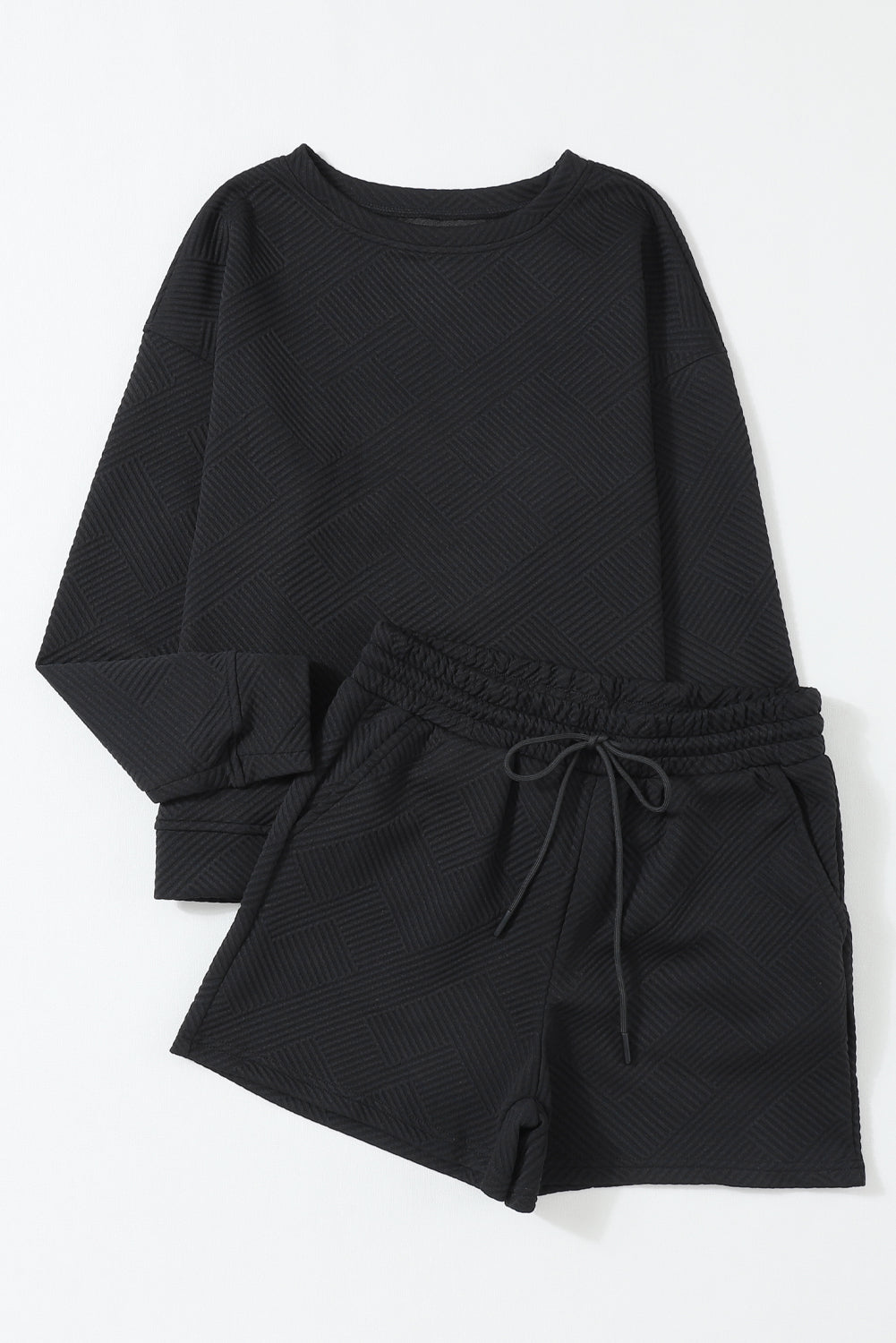 Women's Black Textured Long-Sleeve Top & Shorts Set