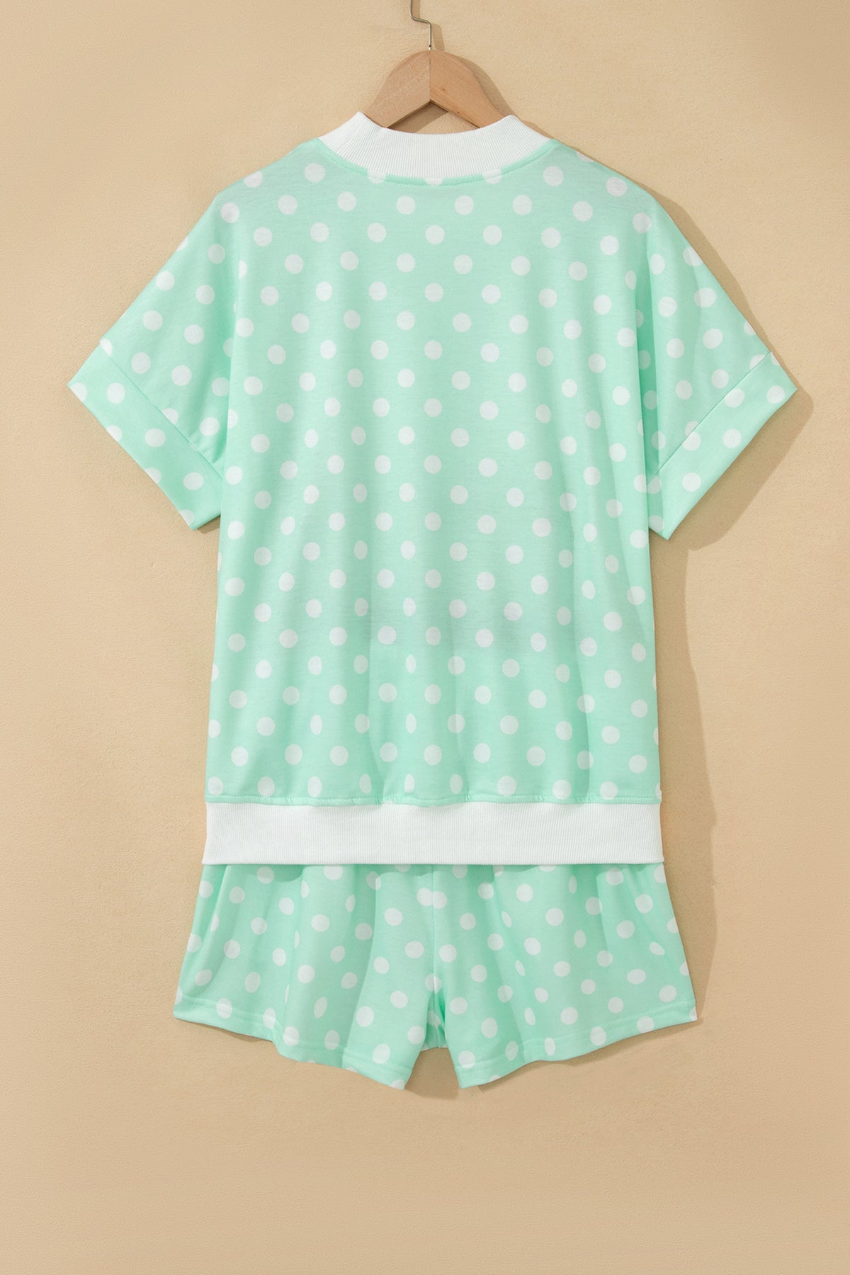 Women's Pink Polka Dot Print Color Block Trim Mock Neck Shorts Two-Piece Set