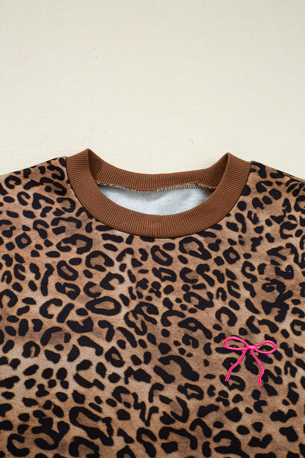 Women's Coffee Leopard Print Contrast Trim Long-Sleeve Top & Pants Set