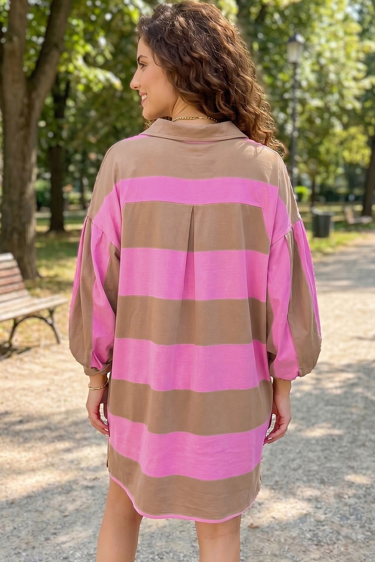 Rose Stripe Button Long Sleeve Short Shift Dress