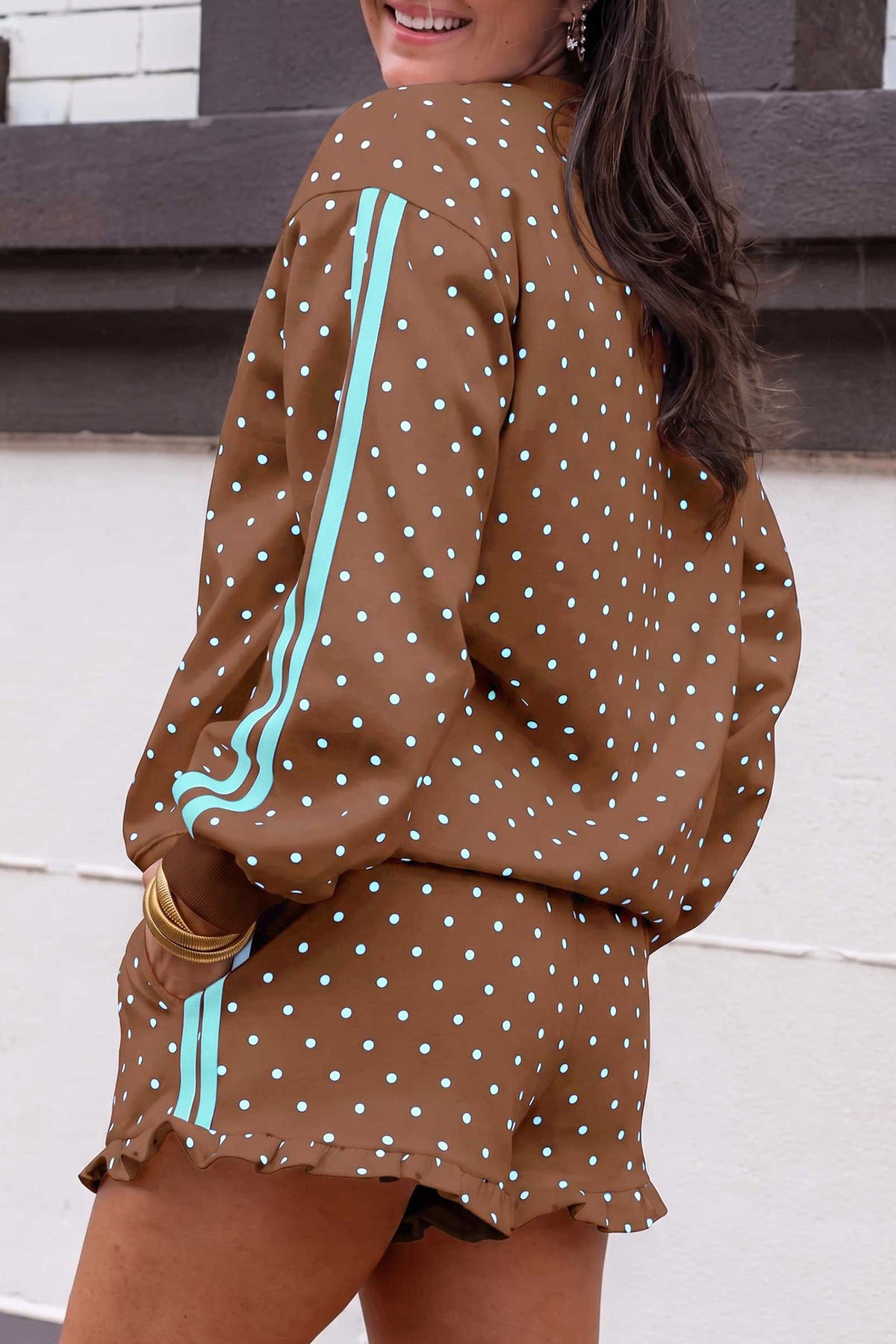 Brown Polka Dot Side Stripe Sweatshirt and Shorts Set